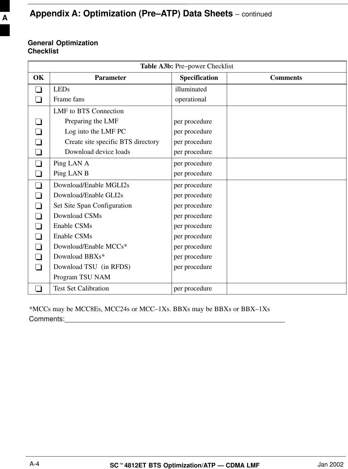 Appendix A: Optimization (Pre–ATP) Data Sheets – continuedSC4812ET BTS Optimization/ATP — CDMA LMF Jan 2002A-4General OptimizationChecklistTable A3b: Pre–power ChecklistOK Parameter Specification CommentsLEDsFrame fansilluminatedoperationalLMF to BTS ConnectionPreparing the LMFLog into the LMF PCCreate site specific BTS directoryDownload device loadsper procedureper procedureper procedureper procedurePing LAN APing LAN Bper procedureper procedureDownload/Enable MGLI2sDownload/Enable GLI2sSet Site Span ConfigurationDownload CSMsEnable CSMsEnable CSMsDownload/Enable MCCs*Download BBXs*Download TSU  (in RFDS)Program TSU NAMper procedureper procedureper procedureper procedureper procedureper procedureper procedureper procedureper procedureTest Set Calibration per procedure*MCCs may be MCC8Es, MCC24s or MCC–1Xs. BBXs may be BBXs or BBX–1XsComments:_________________________________________________________A