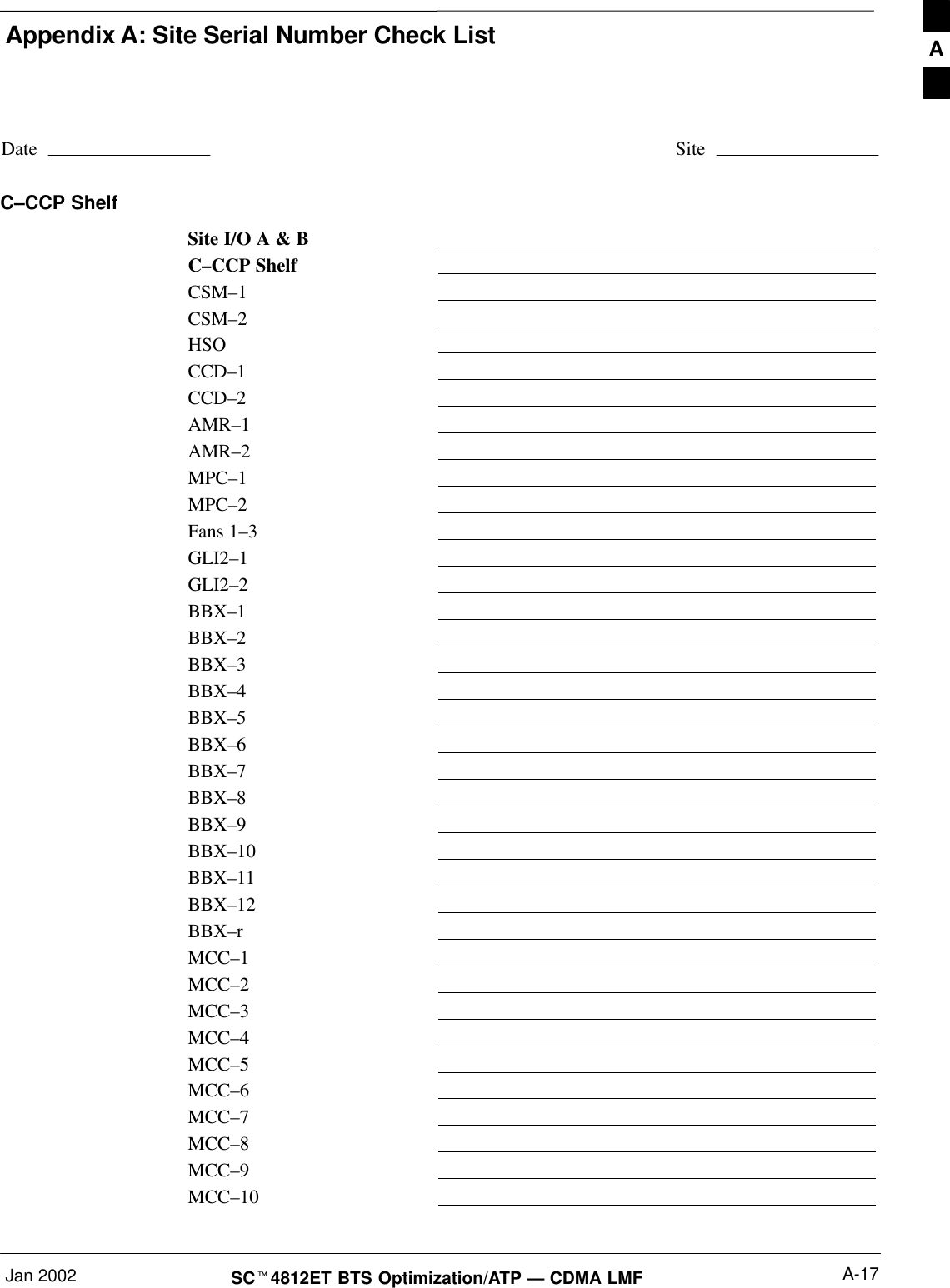 Appendix A: Site Serial Number Check ListJan 2002 A-17SC4812ET BTS Optimization/ATP — CDMA LMFDate SiteC–CCP ShelfSite I/O A &amp; BC–CCP ShelfCSM–1CSM–2HSOCCD–1CCD–2AMR–1AMR–2MPC–1MPC–2Fans 1–3 GLI2–1GLI2–2BBX–1BBX–2BBX–3BBX–4BBX–5BBX–6BBX–7BBX–8BBX–9BBX–10BBX–11BBX–12BBX–rMCC–1MCC–2MCC–3MCC–4MCC–5MCC–6MCC–7MCC–8MCC–9MCC–10A