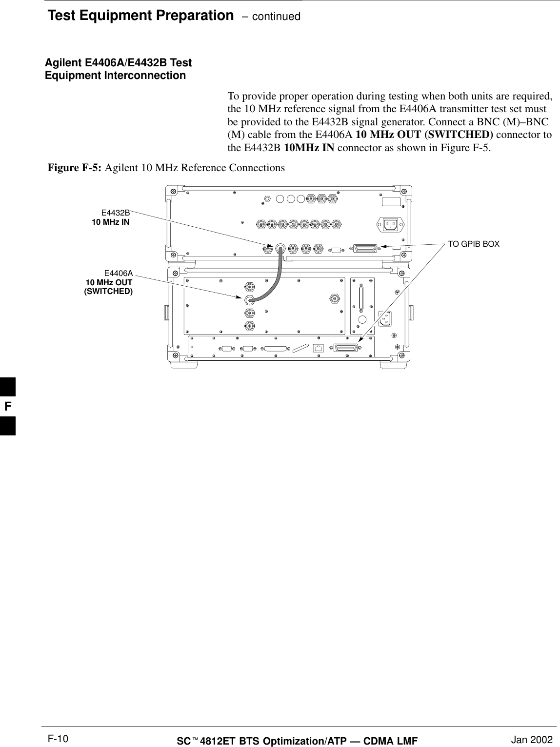 Test Equipment Preparation  – continuedSCt4812ET BTS Optimization/ATP — CDMA LMF Jan 2002F-10Agilent E4406A/E4432B TestEquipment InterconnectionTo provide proper operation during testing when both units are required,the 10 MHz reference signal from the E4406A transmitter test set mustbe provided to the E4432B signal generator. Connect a BNC (M)–BNC(M) cable from the E4406A 10 MHz OUT (SWITCHED) connector tothe E4432B 10MHz IN connector as shown in Figure F-5.Figure F-5: Agilent 10 MHz Reference ConnectionsE4406A10 MHz OUT(SWITCHED)E4432B10 MHz INTO GPIB BOXF