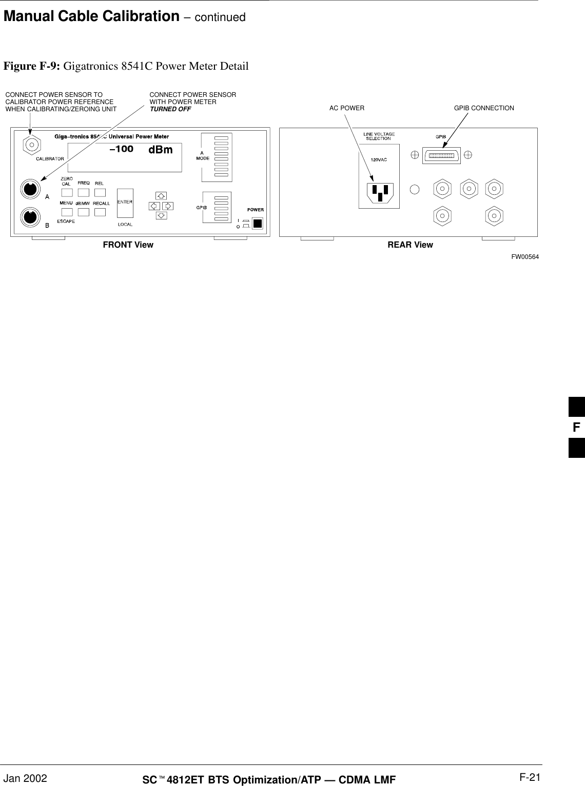 Manual Cable Calibration – continuedJan 2002 F-21SCt4812ET BTS Optimization/ATP — CDMA LMFFigure F-9: Gigatronics 8541C Power Meter DetailCONNECT POWER SENSORWITH POWER METERTURNED OFFCONNECT POWER SENSOR TOCALIBRATOR POWER REFERENCEWHEN CALIBRATING/ZEROING UNITFRONT View REAR ViewGPIB CONNECTIONAC POWERFW00564F