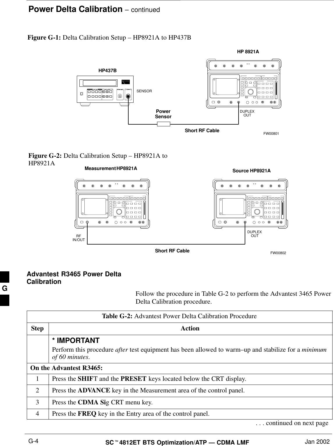 Power Delta Calibration – continuedSCt4812ET BTS Optimization/ATP — CDMA LMF Jan 2002G-4Figure G-1: Delta Calibration Setup – HP8921A to HP437BShort RF CableHP 8921ADUPLEXOUTHP437BPowerSensorSENSORFW00801Figure G-2: Delta Calibration Setup – HP8921A toHP8921A Measurement HP8921A Source HP8921AShort RF CableDUPLEXOUTRFIN/OUTFW00802Advantest R3465 Power DeltaCalibrationFollow the procedure in Table G-2 to perform the Advantest 3465 PowerDelta Calibration procedure.Table G-2: Advantest Power Delta Calibration ProcedureStep Action* IMPORTANTPerform this procedure after test equipment has been allowed to warm–up and stabilize for a minimumof 60 minutes.On the Advantest R3465:1Press the SHIFT and the PRESET keys located below the CRT display.2Press the ADVANCE key in the Measurement area of the control panel.3Press the CDMA Sig CRT menu key.4Press the FREQ key in the Entry area of the control panel.. . . continued on next pageG