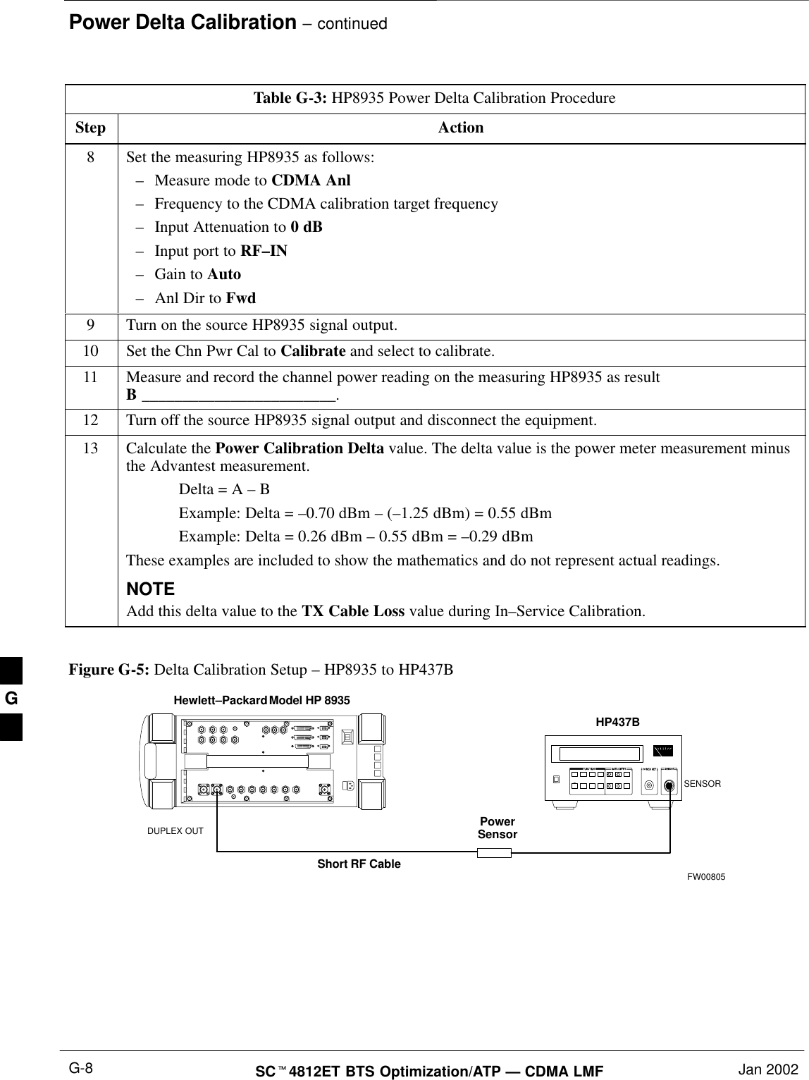 Power Delta Calibration – continuedSCt4812ET BTS Optimization/ATP — CDMA LMF Jan 2002G-8Table G-3: HP8935 Power Delta Calibration ProcedureStep Action8Set the measuring HP8935 as follows:–Measure mode to CDMA Anl–Frequency to the CDMA calibration target frequency–Input Attenuation to 0 dB–Input port to RF–IN–Gain to Auto–Anl Dir to Fwd9Turn on the source HP8935 signal output.10 Set the Chn Pwr Cal to Calibrate and select to calibrate.11 Measure and record the channel power reading on the measuring HP8935 as resultB ________________________.12 Turn off the source HP8935 signal output and disconnect the equipment.13 Calculate the Power Calibration Delta value. The delta value is the power meter measurement minusthe Advantest measurement.Delta = A – BExample: Delta = –0.70 dBm – (–1.25 dBm) = 0.55 dBmExample: Delta = 0.26 dBm – 0.55 dBm = –0.29 dBmThese examples are included to show the mathematics and do not represent actual readings.NOTEAdd this delta value to the TX Cable Loss value during In–Service Calibration. Figure G-5: Delta Calibration Setup – HP8935 to HP437BPowerSensorHewlett–Packard Model HP 8935DUPLEX OUTShort RF CableHP437BSENSORFW00805G