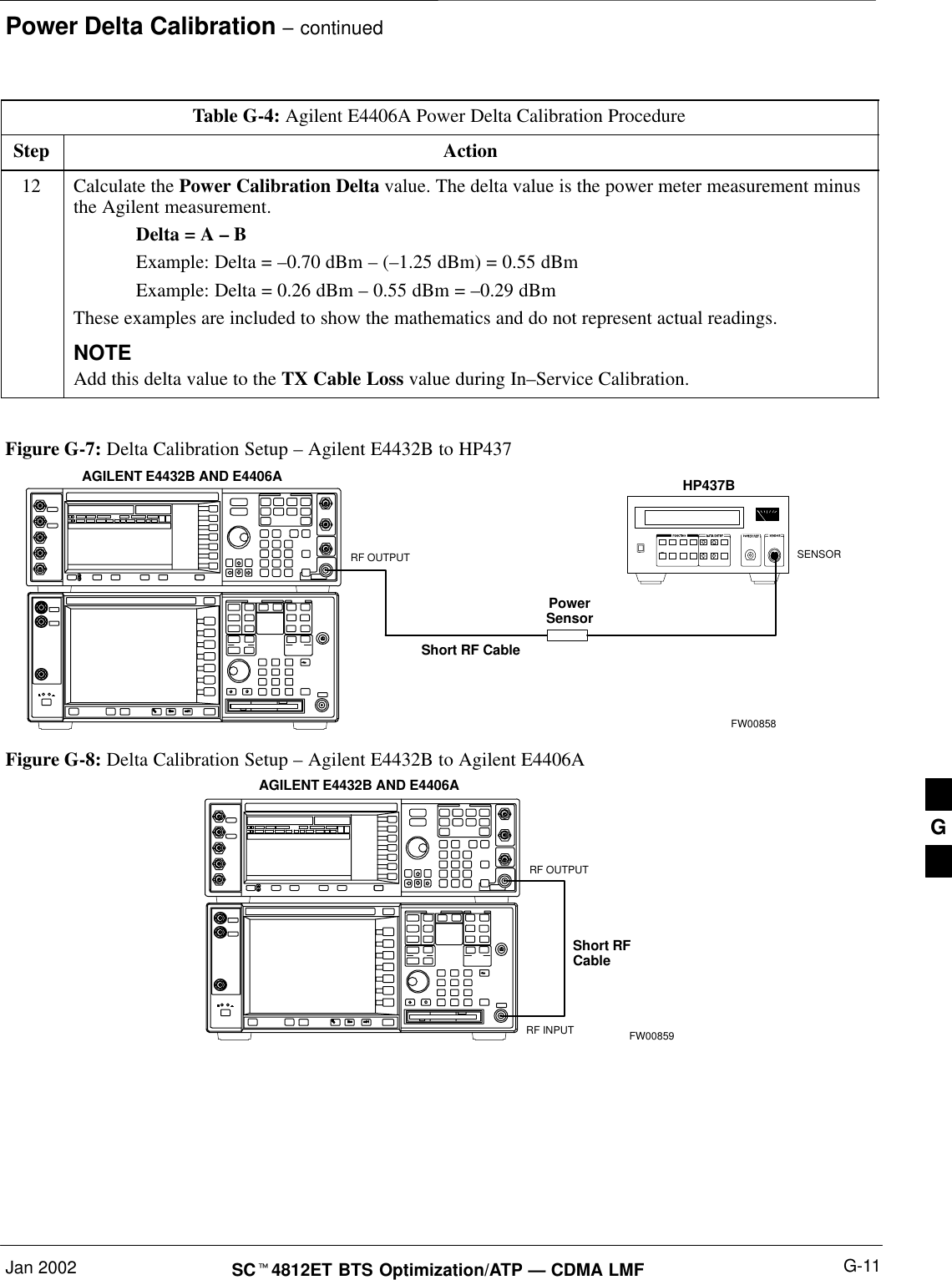 Power Delta Calibration – continuedJan 2002 G-11SCt4812ET BTS Optimization/ATP — CDMA LMFTable G-4: Agilent E4406A Power Delta Calibration ProcedureStep Action12 Calculate the Power Calibration Delta value. The delta value is the power meter measurement minusthe Agilent measurement.Delta = A – BExample: Delta = –0.70 dBm – (–1.25 dBm) = 0.55 dBmExample: Delta = 0.26 dBm – 0.55 dBm = –0.29 dBmThese examples are included to show the mathematics and do not represent actual readings.NOTEAdd this delta value to the TX Cable Loss value during In–Service Calibration. Figure G-7: Delta Calibration Setup – Agilent E4432B to HP437PowerSensorAGILENT E4432B AND E4406AShort RF CableHP437BSENSORRF OUTPUTFW00858Figure G-8: Delta Calibration Setup – Agilent E4432B to Agilent E4406AShort RFCableRF INPUTAGILENT E4432B AND E4406ARF OUTPUTFW00859G