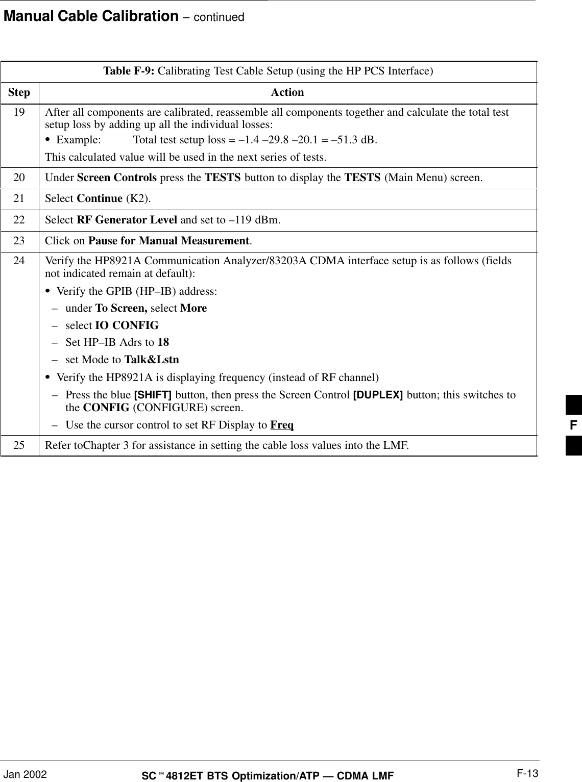 Manual Cable Calibration – continuedJan 2002 F-13SCt4812ET BTS Optimization/ATP — CDMA LMFTable F-9: Calibrating Test Cable Setup (using the HP PCS Interface)Step Action19 After all components are calibrated, reassemble all components together and calculate the total testsetup loss by adding up all the individual losses:SExample: Total test setup loss = –1.4 –29.8 –20.1 = –51.3 dB.This calculated value will be used in the next series of tests.20 Under Screen Controls press the TESTS button to display the TESTS (Main Menu) screen.21 Select Continue (K2).22 Select RF Generator Level and set to –119 dBm.23 Click on Pause for Manual Measurement.24 Verify the HP8921A Communication Analyzer/83203A CDMA interface setup is as follows (fieldsnot indicated remain at default):SVerify the GPIB (HP–IB) address:–under To Screen, select More–select IO CONFIG–Set HP–IB Adrs to 18–set Mode to Talk&amp;LstnSVerify the HP8921A is displaying frequency (instead of RF channel)–Press the blue [SHIFT] button, then press the Screen Control [DUPLEX] button; this switches tothe CONFIG (CONFIGURE) screen.–Use the cursor control to set RF Display to Freq25 Refer toChapter 3 for assistance in setting the cable loss values into the LMF. F
