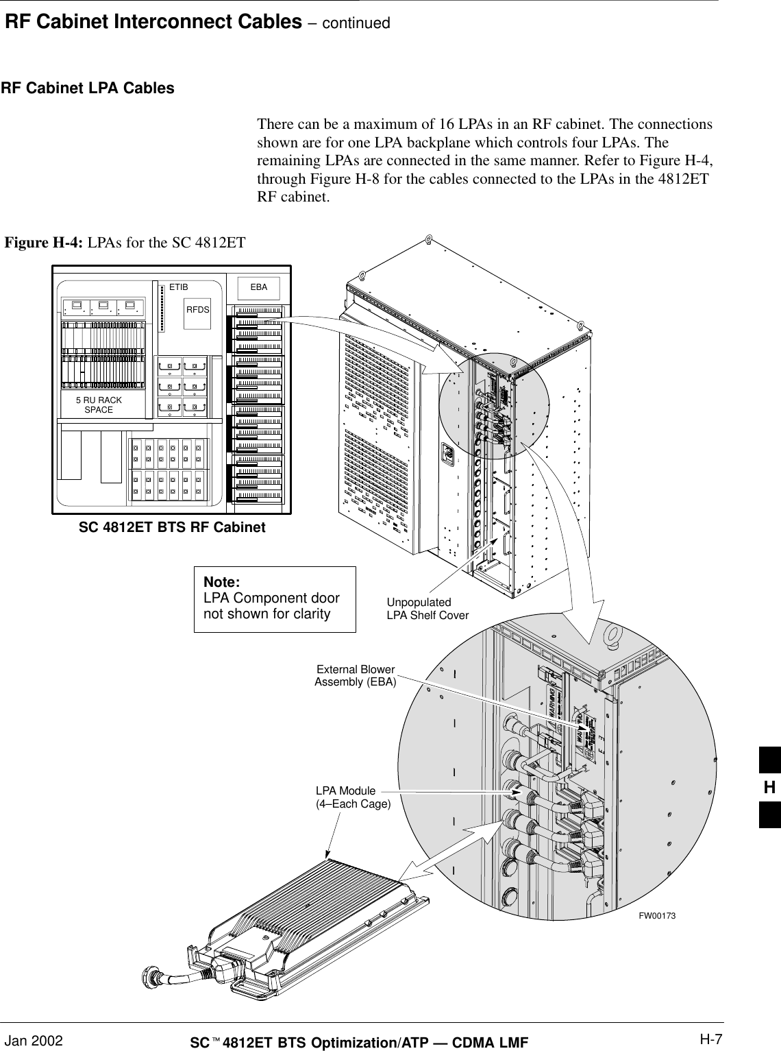 RF Cabinet Interconnect Cables – continuedJan 2002 H-7SCt4812ET BTS Optimization/ATP — CDMA LMFRF Cabinet LPA Cables There can be a maximum of 16 LPAs in an RF cabinet. The connectionsshown are for one LPA backplane which controls four LPAs. Theremaining LPAs are connected in the same manner. Refer to Figure H-4,through Figure H-8 for the cables connected to the LPAs in the 4812ETRF cabinet.Figure H-4: LPAs for the SC 4812ET5 RU RACKSPACERFDSEBAETIBUnpopulatedLPA Shelf CoverLPA Module(4–Each Cage)External BlowerAssembly (EBA)Note:LPA Component doornot shown for claritySC 4812ET BTS RF CabinetFW00173H