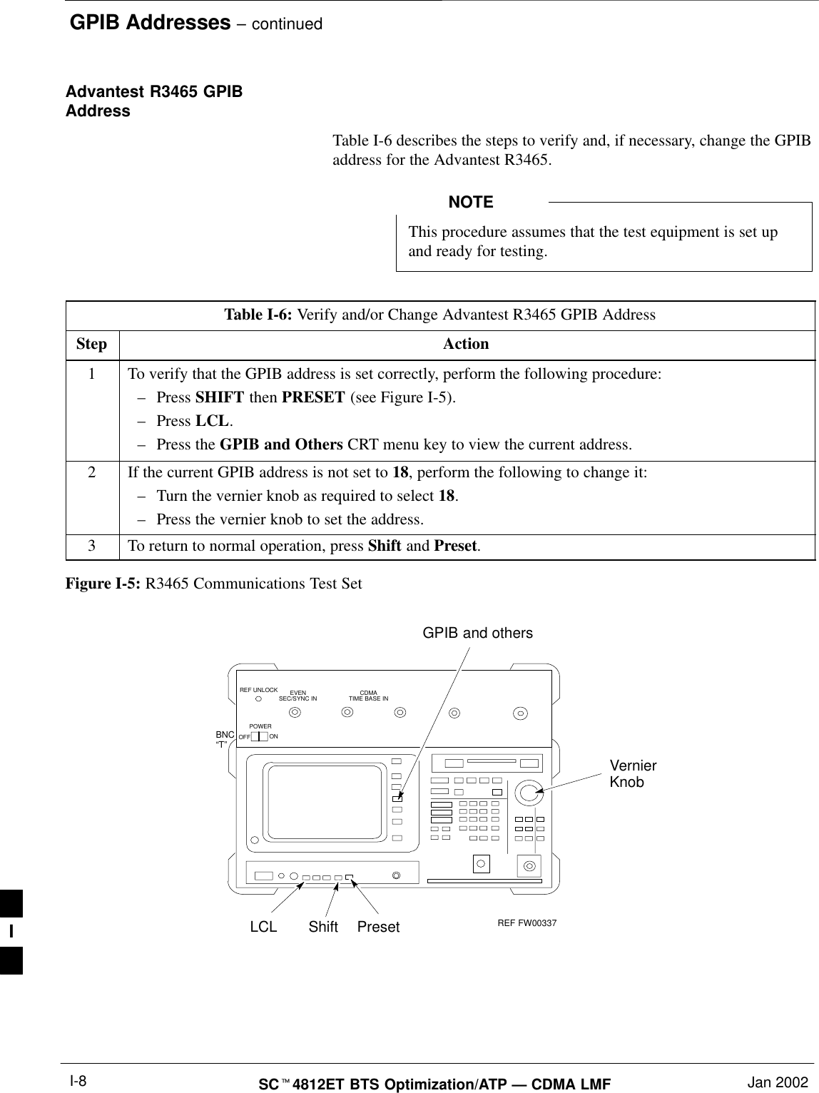 GPIB Addresses – continuedSC4812ET BTS Optimization/ATP — CDMA LMF Jan 2002I-8Advantest R3465 GPIBAddressTable I-6 describes the steps to verify and, if necessary, change the GPIBaddress for the Advantest R3465.This procedure assumes that the test equipment is set upand ready for testing.NOTETable I-6: Verify and/or Change Advantest R3465 GPIB AddressStep Action1To verify that the GPIB address is set correctly, perform the following procedure:–Press SHIFT then PRESET (see Figure I-5).–Press LCL.–Press the GPIB and Others CRT menu key to view the current address.2If the current GPIB address is not set to 18, perform the following to change it:–Turn the vernier knob as required to select 18.–Press the vernier knob to set the address.3To return to normal operation, press Shift and Preset.Figure I-5: R3465 Communications Test SetBNC“T”REF UNLOCK EVENSEC/SYNC IN CDMATIME BASE INPOWEROFF ONREF FW00337LCL Shift PresetGPIB and othersVernierKnobI