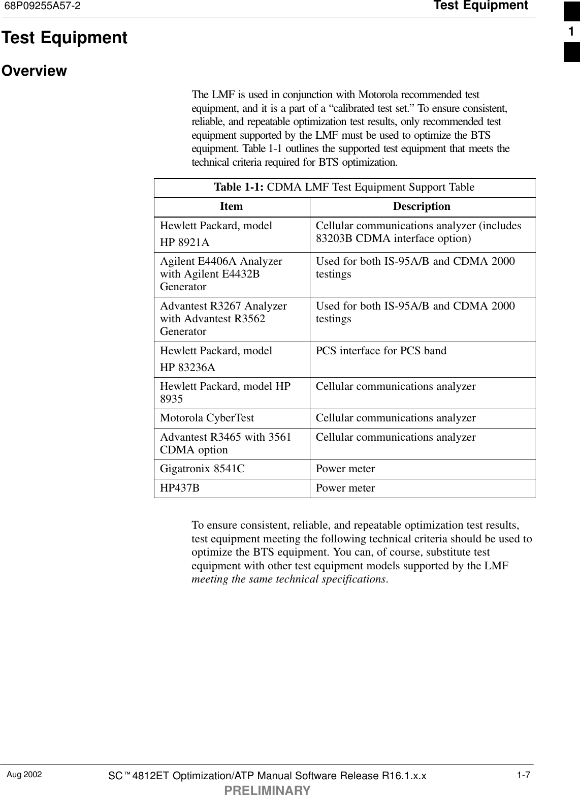 Test Equipment68P09255A57-2Aug 2002 SCt4812ET Optimization/ATP Manual Software Release R16.1.x.xPRELIMINARY1-7Test EquipmentOverviewThe LMF is used in conjunction with Motorola recommended testequipment, and it is a part of a “calibrated test set.” To ensure consistent,reliable, and repeatable optimization test results, only recommended testequipment supported by the LMF must be used to optimize the BTSequipment. Table 1-1 outlines the supported test equipment that meets thetechnical criteria required for BTS optimization.Table 1-1: CDMA LMF Test Equipment Support TableItem DescriptionHewlett Packard, modelHP 8921ACellular communications analyzer (includes83203B CDMA interface option)Agilent E4406A Analyzerwith Agilent E4432BGeneratorUsed for both IS-95A/B and CDMA 2000testingsAdvantest R3267 Analyzerwith Advantest R3562GeneratorUsed for both IS-95A/B and CDMA 2000testingsHewlett Packard, modelHP 83236APCS interface for PCS bandHewlett Packard, model HP8935 Cellular communications analyzerMotorola CyberTest Cellular communications analyzerAdvantest R3465 with 3561CDMA option Cellular communications analyzerGigatronix 8541C Power meterHP437B Power meter To ensure consistent, reliable, and repeatable optimization test results,test equipment meeting the following technical criteria should be used tooptimize the BTS equipment. You can, of course, substitute testequipment with other test equipment models supported by the LMFmeeting the same technical specifications.1