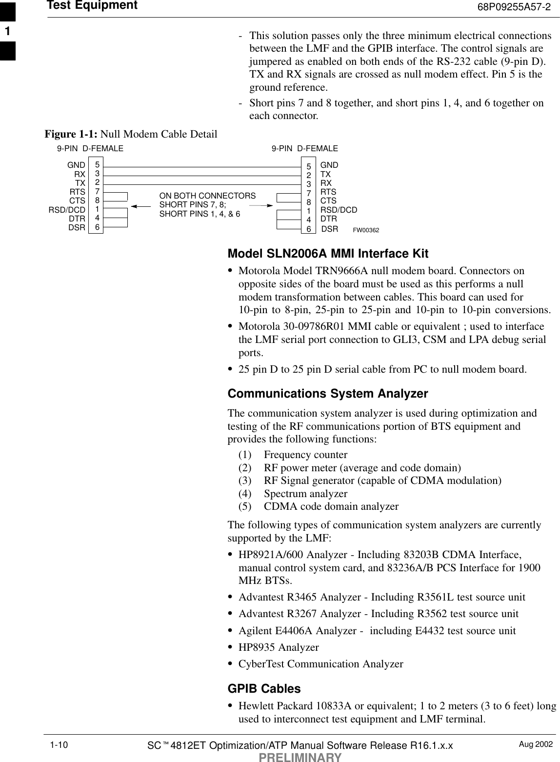 Test Equipment 68P09255A57-2Aug 2002SCt4812ET Optimization/ATP Manual Software Release R16.1.x.xPRELIMINARY1-10- This solution passes only the three minimum electrical connectionsbetween the LMF and the GPIB interface. The control signals arejumpered as enabled on both ends of the RS-232 cable (9-pin D).TX and RX signals are crossed as null modem effect. Pin 5 is theground reference.- Short pins 7 and 8 together, and short pins 1, 4, and 6 together oneach connector.Figure 1-1: Null Modem Cable Detail53278146GNDRXTXRTSCTSRSD/DCDDTRGNDTXRXRTSCTSRSD/DCDDTRON BOTH CONNECTORSSHORT PINS 7, 8;SHORT PINS 1, 4, &amp; 69-PIN D-FEMALE 9-PIN D-FEMALE52378146 DSR DSR FW00362Model SLN2006A MMI Interface KitSMotorola Model TRN9666A null modem board. Connectors onopposite sides of the board must be used as this performs a nullmodem transformation between cables. This board can used for10-pin to 8-pin, 25-pin to 25-pin and 10-pin to 10-pin conversions.SMotorola 30-09786R01 MMI cable or equivalent ; used to interfacethe LMF serial port connection to GLI3, CSM and LPA debug serialports.S25 pin D to 25 pin D serial cable from PC to null modem board.Communications System AnalyzerThe communication system analyzer is used during optimization andtesting of the RF communications portion of BTS equipment andprovides the following functions:(1) Frequency counter(2) RF power meter (average and code domain)(3) RF Signal generator (capable of CDMA modulation)(4) Spectrum analyzer(5) CDMA code domain analyzerThe following types of communication system analyzers are currentlysupported by the LMF:SHP8921A/600 Analyzer - Including 83203B CDMA Interface,manual control system card, and 83236A/B PCS Interface for 1900MHz BTSs.SAdvantest R3465 Analyzer - Including R3561L test source unitSAdvantest R3267 Analyzer - Including R3562 test source unitSAgilent E4406A Analyzer -  including E4432 test source unitSHP8935 AnalyzerSCyberTest Communication AnalyzerGPIB CablesSHewlett Packard 10833A or equivalent; 1 to 2 meters (3 to 6 feet) longused to interconnect test equipment and LMF terminal.1