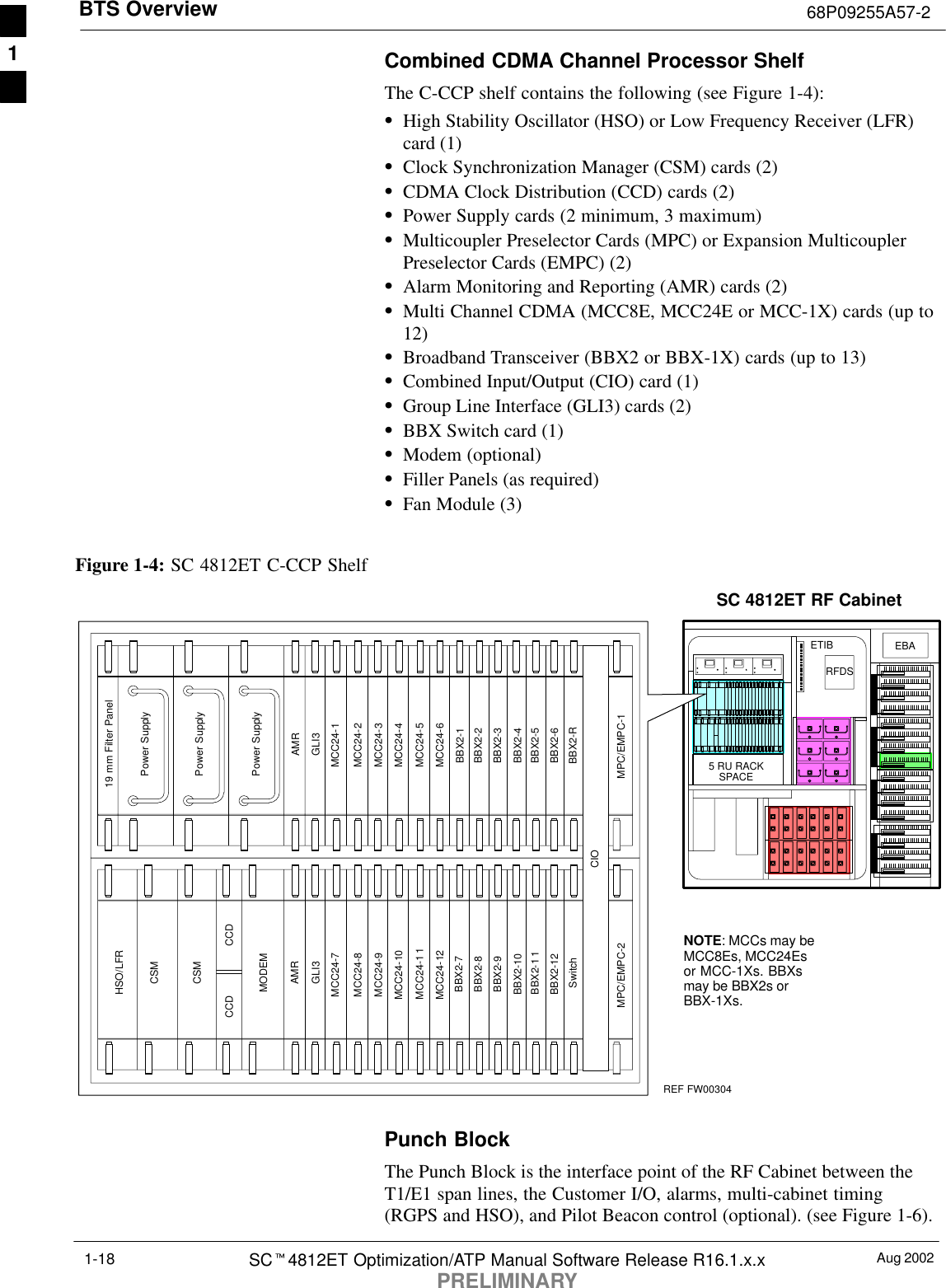 BTS Overview 68P09255A57-2Aug 2002SCt4812ET Optimization/ATP Manual Software Release R16.1.x.xPRELIMINARY1-18Combined CDMA Channel Processor ShelfThe C-CCP shelf contains the following (see Figure 1-4):SHigh Stability Oscillator (HSO) or Low Frequency Receiver (LFR)card (1)SClock Synchronization Manager (CSM) cards (2)SCDMA Clock Distribution (CCD) cards (2)SPower Supply cards (2 minimum, 3 maximum)SMulticoupler Preselector Cards (MPC) or Expansion MulticouplerPreselector Cards (EMPC) (2)SAlarm Monitoring and Reporting (AMR) cards (2)SMulti Channel CDMA (MCC8E, MCC24E or MCC-1X) cards (up to12)SBroadband Transceiver (BBX2 or BBX-1X) cards (up to 13)SCombined Input/Output (CIO) card (1)SGroup Line Interface (GLI3) cards (2)SBBX Switch card (1)SModem (optional)SFiller Panels (as required)SFan Module (3)Figure 1-4: SC 4812ET C-CCP Shelf5 RU RACKSPACERFDSEBAETIBNOTE: MCCs may beMCC8Es, MCC24Esor MCC-1Xs. BBXsmay be BBX2s orBBX-1Xs.19 mm Filter PanelPower SupplyAMRCSMCSMMODEMAMRGLI3GLI3MCC24-6BBX2-1BBX2-2BBX2-3BBX2-4BBX2-5BBX2-6BBX2-RSwitchCIOBBX2-7BBX2-8BBX2-9BBX2-10BBX2-1 1BBX2-12MCC24-5MCC24-4MCC24-3MCC24-2MCC24-1MCC24-12MCC24-1 1MCC24-10MCC24-9MCC24-8MCC24-7Power SupplyPower SupplyCCD CCDREF FW00304SC 4812ET RF CabinetHSO/LFRMPC/EMPC-1MPC/EMPC-2Punch BlockThe Punch Block is the interface point of the RF Cabinet between theT1/E1 span lines, the Customer I/O, alarms, multi-cabinet timing(RGPS and HSO), and Pilot Beacon control (optional). (see Figure 1-6).1