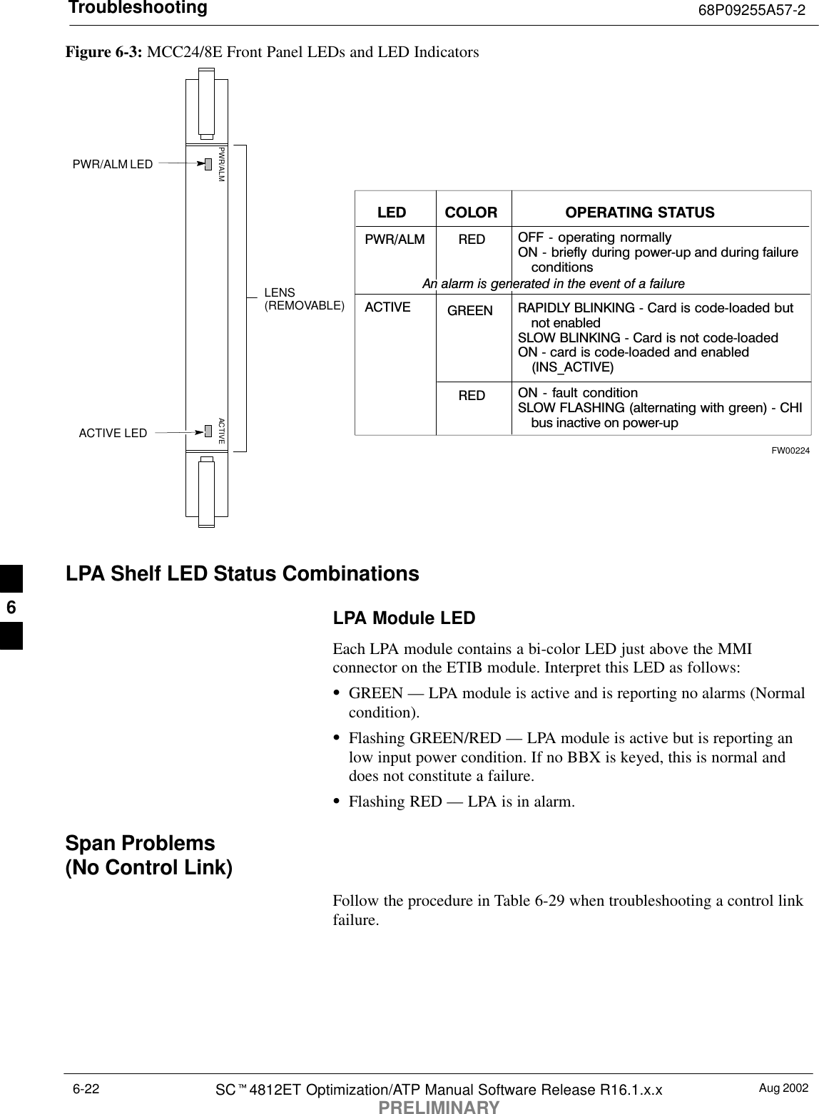 Troubleshooting 68P09255A57-2Aug 2002SCt4812ET Optimization/ATP Manual Software Release R16.1.x.xPRELIMINARY6-22Figure 6-3: MCC24/8E Front Panel LEDs and LED IndicatorsPWR/ALM LEDLENS(REMOVABLE)ACTIVE LEDPWR/ALM ACTIVEPWR/ALM OFF − operating normallyON − briefly during power−up and during failureconditionsACTIVELED OPERATING STATUSRAPIDLY BLINKING − Card is code−loaded butnot enabledSLOW BLINKING − Card is not code−loadedON − card is code−loaded and enabled(INS_ACTIVE)COLORGREENREDRED ON − fault conditionSLOW FLASHING (alternating with green) − CHIbus inactive on power−upAn alarm is generated in the event of a failureFW00224LPA Shelf LED Status CombinationsLPA Module LEDEach LPA module contains a bi-color LED just above the MMIconnector on the ETIB module. Interpret this LED as follows:SGREEN — LPA module is active and is reporting no alarms (Normalcondition).SFlashing GREEN/RED — LPA module is active but is reporting anlow input power condition. If no BBX is keyed, this is normal anddoes not constitute a failure.SFlashing RED — LPA is in alarm.Span Problems(No Control Link)Follow the procedure in Table 6-29 when troubleshooting a control linkfailure.6