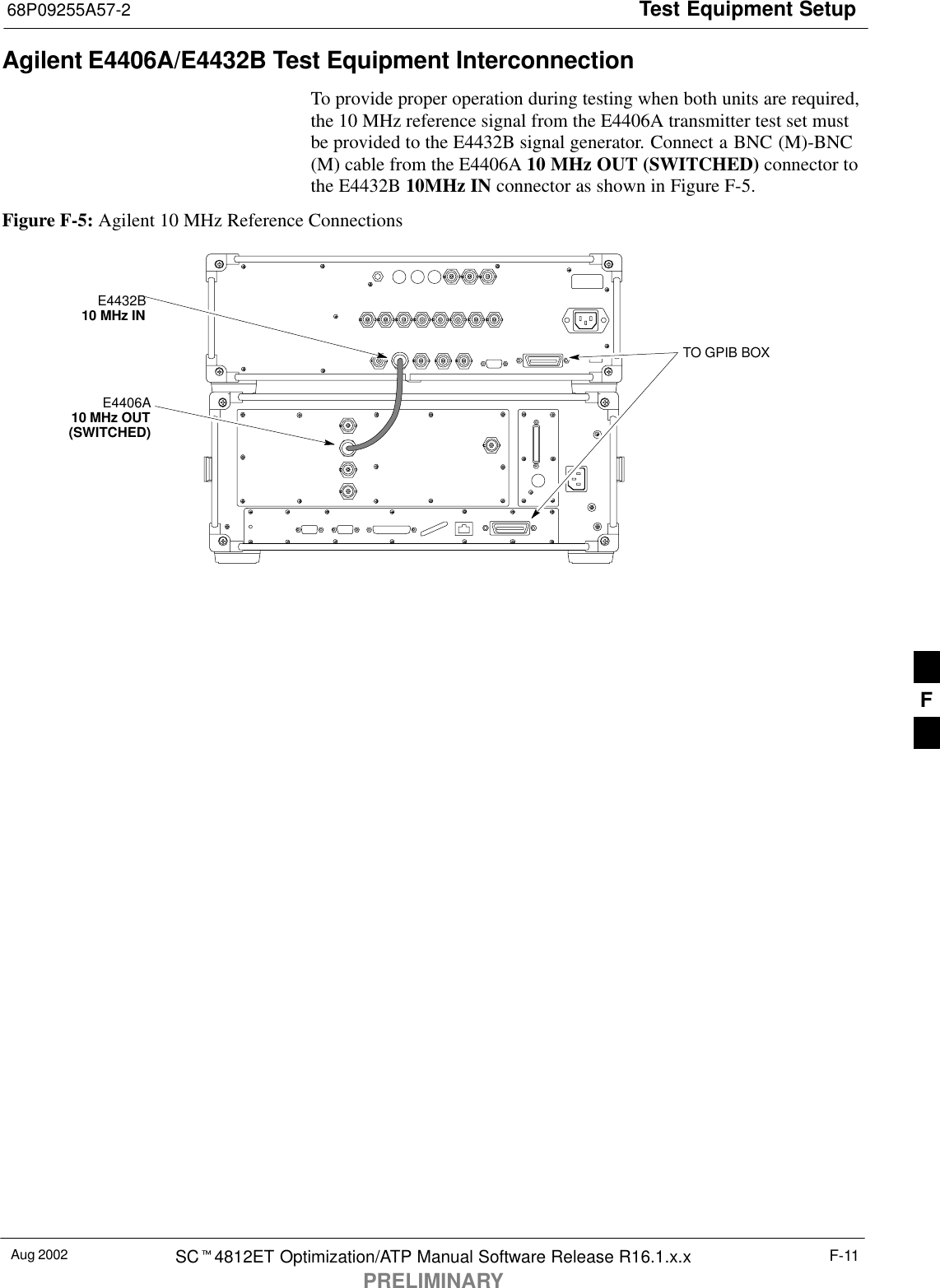 Test Equipment Setup68P09255A57-2Aug 2002 SC4812ET Optimization/ATP Manual Software Release R16.1.x.xPRELIMINARYF-11Agilent E4406A/E4432B Test Equipment InterconnectionTo provide proper operation during testing when both units are required,the 10 MHz reference signal from the E4406A transmitter test set mustbe provided to the E4432B signal generator. Connect a BNC (M)-BNC(M) cable from the E4406A 10 MHz OUT (SWITCHED) connector tothe E4432B 10MHz IN connector as shown in Figure F-5.Figure F-5: Agilent 10 MHz Reference ConnectionsE4406A10 MHz OUT(SWITCHED)E4432B10 MHz INTO GPIB BOXF