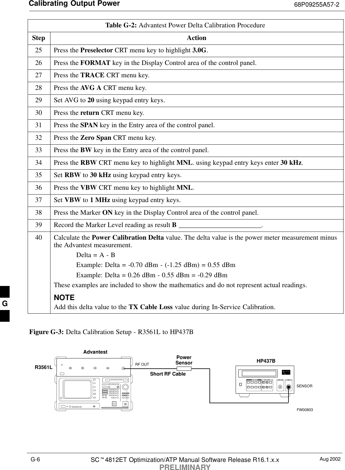 Calibrating Output Power 68P09255A57-2Aug 2002SC4812ET Optimization/ATP Manual Software Release R16.1.x.xPRELIMINARYG-6Table G-2: Advantest Power Delta Calibration ProcedureStep Action25 Press the Preselector CRT menu key to highlight 3.0G.26 Press the FORMAT key in the Display Control area of the control panel.27 Press the TRACE CRT menu key.28 Press the AVG A CRT menu key.29 Set AVG to 20 using keypad entry keys.30 Press the return CRT menu key.31 Press the SPAN key in the Entry area of the control panel.32 Press the Zero Span CRT menu key.33 Press the BW key in the Entry area of the control panel.34 Press the RBW CRT menu key to highlight MNL. using keypad entry keys enter 30 kHz.35 Set RBW to 30 kHz using keypad entry keys.36 Press the VBW CRT menu key to highlight MNL.37 Set VBW to 1 MHz using keypad entry keys.38 Press the Marker ON key in the Display Control area of the control panel.39 Record the Marker Level reading as result B ________________________.40 Calculate the Power Calibration Delta value. The delta value is the power meter measurement minusthe Advantest measurement.Delta = A - BExample: Delta = -0.70 dBm - (-1.25 dBm) = 0.55 dBmExample: Delta = 0.26 dBm - 0.55 dBm = -0.29 dBmThese examples are included to show the mathematics and do not represent actual readings.NOTEAdd this delta value to the TX Cable Loss value during In-Service Calibration. Figure G-3: Delta Calibration Setup - R3561L to HP437BAdvantest PowerSensorRF OUTShort RF CableHP437BSENSORR3561LFW00803G