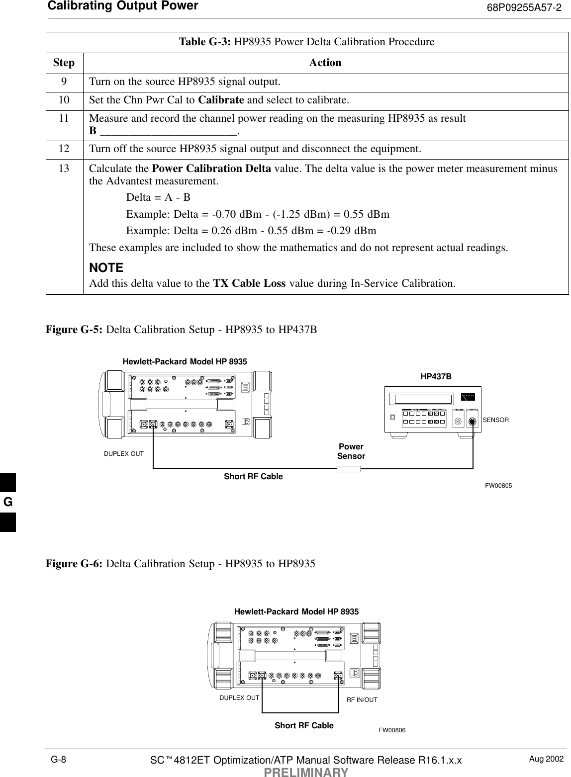 Calibrating Output Power 68P09255A57-2Aug 2002SC4812ET Optimization/ATP Manual Software Release R16.1.x.xPRELIMINARYG-8Table G-3: HP8935 Power Delta Calibration ProcedureStep Action9Turn on the source HP8935 signal output.10 Set the Chn Pwr Cal to Calibrate and select to calibrate.11 Measure and record the channel power reading on the measuring HP8935 as resultB ________________________.12 Turn off the source HP8935 signal output and disconnect the equipment.13 Calculate the Power Calibration Delta value. The delta value is the power meter measurement minusthe Advantest measurement.Delta = A - BExample: Delta = -0.70 dBm - (-1.25 dBm) = 0.55 dBmExample: Delta = 0.26 dBm - 0.55 dBm = -0.29 dBmThese examples are included to show the mathematics and do not represent actual readings.NOTEAdd this delta value to the TX Cable Loss value during In-Service Calibration. Figure G-5: Delta Calibration Setup - HP8935 to HP437BPowerSensorHewlett-Packard Model HP 8935DUPLEX OUTShort RF CableHP437BSENSORFW00805Figure G-6: Delta Calibration Setup - HP8935 to HP8935Hewlett-Packard Model HP 8935Short RF CableDUPLEX OUT RF IN/OUTFW00806G