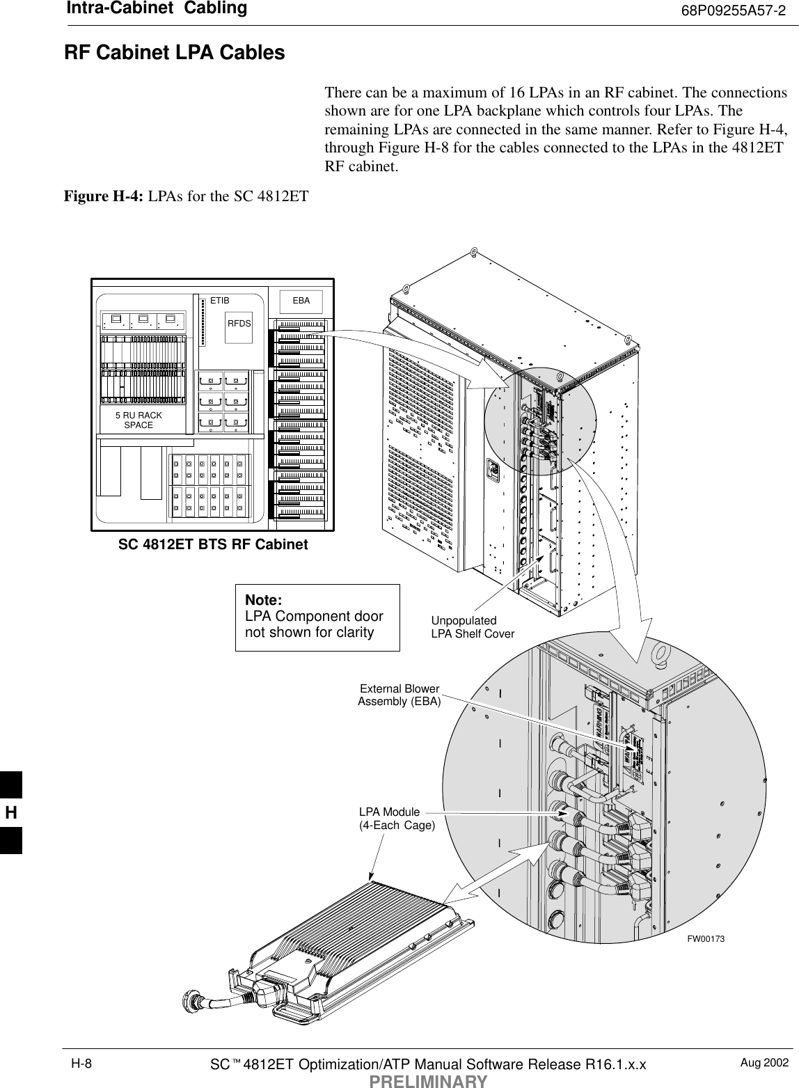Intra-Cabinet  Cabling 68P09255A57-2Aug 2002SC4812ET Optimization/ATP Manual Software Release R16.1.x.xPRELIMINARYH-8RF Cabinet LPA Cables There can be a maximum of 16 LPAs in an RF cabinet. The connectionsshown are for one LPA backplane which controls four LPAs. Theremaining LPAs are connected in the same manner. Refer to Figure H-4,through Figure H-8 for the cables connected to the LPAs in the 4812ETRF cabinet.Figure H-4: LPAs for the SC 4812ET5 RU RACKSPACERFDSEBAETIBUnpopulatedLPA Shelf CoverLPA Module(4-Each Cage)External BlowerAssembly (EBA)Note:LPA Component doornot shown for claritySC 4812ET BTS RF CabinetFW00173H
