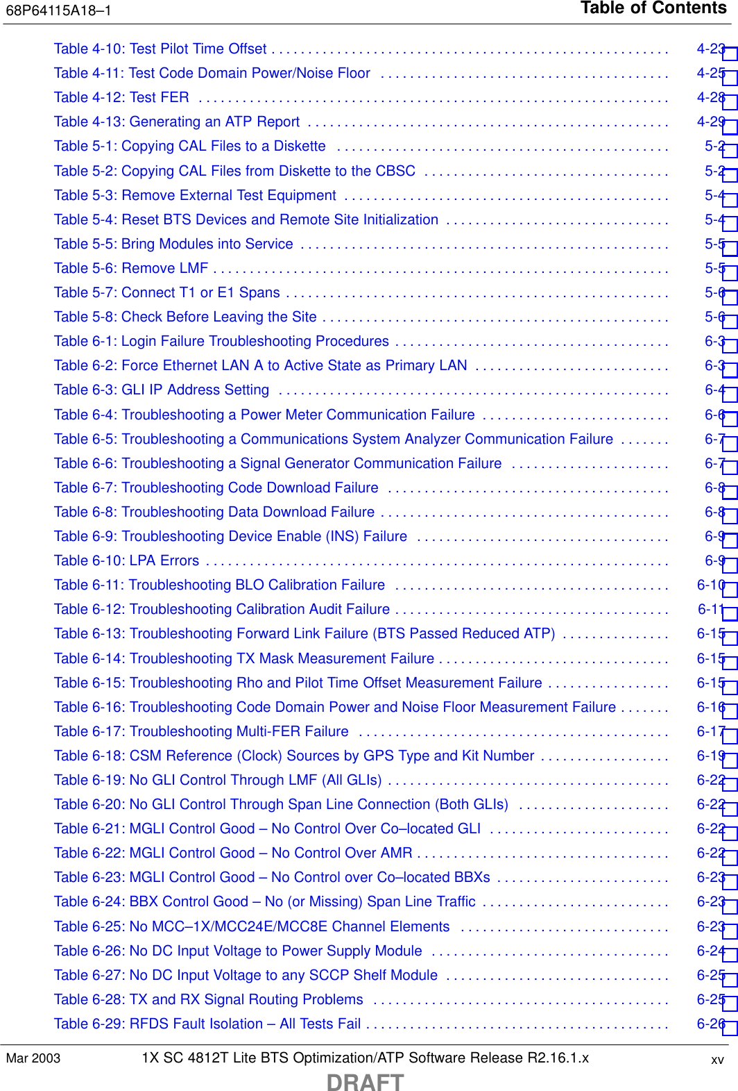 Table of Contents68P64115A18–11X SC 4812T Lite BTS Optimization/ATP Software Release R2.16.1.xDRAFTxvMar 2003Table 4-10: Test Pilot Time Offset 4-23 . . . . . . . . . . . . . . . . . . . . . . . . . . . . . . . . . . . . . . . . . . . . . . . . . . . . . . . Table 4-11: Test Code Domain Power/Noise Floor 4-25 . . . . . . . . . . . . . . . . . . . . . . . . . . . . . . . . . . . . . . . . Table 4-12: Test FER 4-28 . . . . . . . . . . . . . . . . . . . . . . . . . . . . . . . . . . . . . . . . . . . . . . . . . . . . . . . . . . . . . . . . . Table 4-13: Generating an ATP Report 4-29 . . . . . . . . . . . . . . . . . . . . . . . . . . . . . . . . . . . . . . . . . . . . . . . . . . Table 5-1: Copying CAL Files to a Diskette 5-2 . . . . . . . . . . . . . . . . . . . . . . . . . . . . . . . . . . . . . . . . . . . . . . Table 5-2: Copying CAL Files from Diskette to the CBSC 5-2 . . . . . . . . . . . . . . . . . . . . . . . . . . . . . . . . . . Table 5-3: Remove External Test Equipment 5-4 . . . . . . . . . . . . . . . . . . . . . . . . . . . . . . . . . . . . . . . . . . . . . Table 5-4: Reset BTS Devices and Remote Site Initialization 5-4 . . . . . . . . . . . . . . . . . . . . . . . . . . . . . . . Table 5-5: Bring Modules into Service 5-5 . . . . . . . . . . . . . . . . . . . . . . . . . . . . . . . . . . . . . . . . . . . . . . . . . . . Table 5-6: Remove LMF 5-5 . . . . . . . . . . . . . . . . . . . . . . . . . . . . . . . . . . . . . . . . . . . . . . . . . . . . . . . . . . . . . . . Table 5-7: Connect T1 or E1 Spans 5-6 . . . . . . . . . . . . . . . . . . . . . . . . . . . . . . . . . . . . . . . . . . . . . . . . . . . . . Table 5-8: Check Before Leaving the Site 5-6 . . . . . . . . . . . . . . . . . . . . . . . . . . . . . . . . . . . . . . . . . . . . . . . . Table 6-1: Login Failure Troubleshooting Procedures 6-3 . . . . . . . . . . . . . . . . . . . . . . . . . . . . . . . . . . . . . . Table 6-2: Force Ethernet LAN A to Active State as Primary LAN 6-3 . . . . . . . . . . . . . . . . . . . . . . . . . . . Table 6-3: GLI IP Address Setting 6-4 . . . . . . . . . . . . . . . . . . . . . . . . . . . . . . . . . . . . . . . . . . . . . . . . . . . . . . Table 6-4: Troubleshooting a Power Meter Communication Failure 6-6 . . . . . . . . . . . . . . . . . . . . . . . . . . Table 6-5: Troubleshooting a Communications System Analyzer Communication Failure 6-7 . . . . . . . Table 6-6: Troubleshooting a Signal Generator Communication Failure 6-7 . . . . . . . . . . . . . . . . . . . . . . Table 6-7: Troubleshooting Code Download Failure 6-8 . . . . . . . . . . . . . . . . . . . . . . . . . . . . . . . . . . . . . . . Table 6-8: Troubleshooting Data Download Failure 6-8 . . . . . . . . . . . . . . . . . . . . . . . . . . . . . . . . . . . . . . . . Table 6-9: Troubleshooting Device Enable (INS) Failure 6-9 . . . . . . . . . . . . . . . . . . . . . . . . . . . . . . . . . . . Table 6-10: LPA Errors 6-9 . . . . . . . . . . . . . . . . . . . . . . . . . . . . . . . . . . . . . . . . . . . . . . . . . . . . . . . . . . . . . . . . Table 6-11: Troubleshooting BLO Calibration Failure 6-10 . . . . . . . . . . . . . . . . . . . . . . . . . . . . . . . . . . . . . . Table 6-12: Troubleshooting Calibration Audit Failure 6-11 . . . . . . . . . . . . . . . . . . . . . . . . . . . . . . . . . . . . . . Table 6-13: Troubleshooting Forward Link Failure (BTS Passed Reduced ATP) 6-15 . . . . . . . . . . . . . . . Table 6-14: Troubleshooting TX Mask Measurement Failure 6-15 . . . . . . . . . . . . . . . . . . . . . . . . . . . . . . . . Table 6-15: Troubleshooting Rho and Pilot Time Offset Measurement Failure 6-15 . . . . . . . . . . . . . . . . . Table 6-16: Troubleshooting Code Domain Power and Noise Floor Measurement Failure 6-16 . . . . . . . Table 6-17: Troubleshooting Multi-FER Failure 6-17 . . . . . . . . . . . . . . . . . . . . . . . . . . . . . . . . . . . . . . . . . . . Table 6-18: CSM Reference (Clock) Sources by GPS Type and Kit Number 6-19 . . . . . . . . . . . . . . . . . . Table 6-19: No GLI Control Through LMF (All GLIs) 6-22 . . . . . . . . . . . . . . . . . . . . . . . . . . . . . . . . . . . . . . . Table 6-20: No GLI Control Through Span Line Connection (Both GLIs) 6-22 . . . . . . . . . . . . . . . . . . . . . Table 6-21: MGLI Control Good – No Control Over Co–located GLI 6-22 . . . . . . . . . . . . . . . . . . . . . . . . . Table 6-22: MGLI Control Good – No Control Over AMR 6-22 . . . . . . . . . . . . . . . . . . . . . . . . . . . . . . . . . . . Table 6-23: MGLI Control Good – No Control over Co–located BBXs 6-23 . . . . . . . . . . . . . . . . . . . . . . . . Table 6-24: BBX Control Good – No (or Missing) Span Line Traffic 6-23 . . . . . . . . . . . . . . . . . . . . . . . . . . Table 6-25: No MCC–1X/MCC24E/MCC8E Channel Elements 6-23 . . . . . . . . . . . . . . . . . . . . . . . . . . . . . Table 6-26: No DC Input Voltage to Power Supply Module 6-24 . . . . . . . . . . . . . . . . . . . . . . . . . . . . . . . . . Table 6-27: No DC Input Voltage to any SCCP Shelf Module 6-25 . . . . . . . . . . . . . . . . . . . . . . . . . . . . . . . Table 6-28: TX and RX Signal Routing Problems 6-25 . . . . . . . . . . . . . . . . . . . . . . . . . . . . . . . . . . . . . . . . . Table 6-29: RFDS Fault Isolation – All Tests Fail 6-26 . . . . . . . . . . . . . . . . . . . . . . . . . . . . . . . . . . . . . . . . . . 