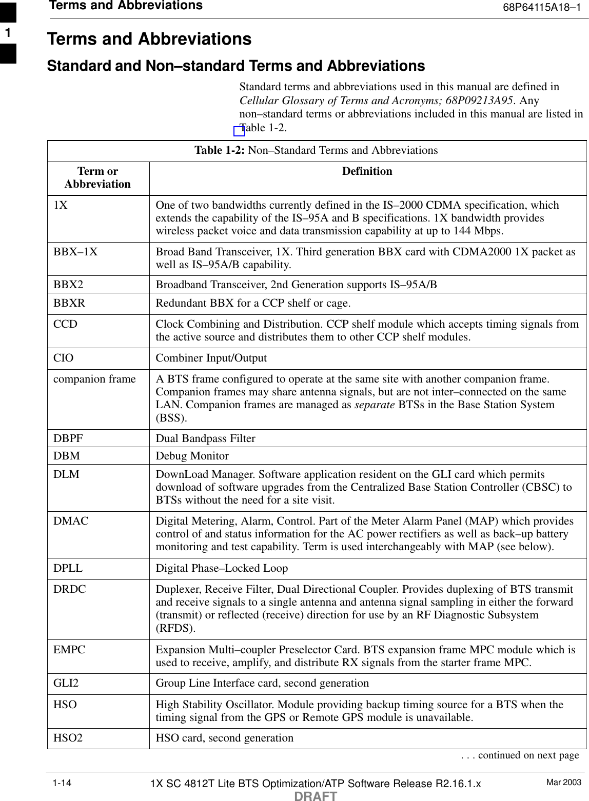 Terms and Abbreviations 68P64115A18–1Mar 20031X SC 4812T Lite BTS Optimization/ATP Software Release R2.16.1.xDRAFT1-14Terms and AbbreviationsStandard and Non–standard Terms and AbbreviationsStandard terms and abbreviations used in this manual are defined inCellular Glossary of Terms and Acronyms; 68P09213A95. Anynon–standard terms or abbreviations included in this manual are listed inTable 1-2.Table 1-2: Non–Standard Terms and AbbreviationsTerm orAbbreviation Definition1X One of two bandwidths currently defined in the IS–2000 CDMA specification, whichextends the capability of the IS–95A and B specifications. 1X bandwidth provideswireless packet voice and data transmission capability at up to 144 Mbps.BBX–1X Broad Band Transceiver, 1X. Third generation BBX card with CDMA2000 1X packet aswell as IS–95A/B capability.BBX2 Broadband Transceiver, 2nd Generation supports IS–95A/BBBXR Redundant BBX for a CCP shelf or cage.CCD Clock Combining and Distribution. CCP shelf module which accepts timing signals fromthe active source and distributes them to other CCP shelf modules.CIO Combiner Input/Outputcompanion frame A BTS frame configured to operate at the same site with another companion frame.Companion frames may share antenna signals, but are not inter–connected on the sameLAN. Companion frames are managed as separate BTSs in the Base Station System(BSS).DBPF Dual Bandpass FilterDBM Debug MonitorDLM DownLoad Manager. Software application resident on the GLI card which permitsdownload of software upgrades from the Centralized Base Station Controller (CBSC) toBTSs without the need for a site visit.DMAC Digital Metering, Alarm, Control. Part of the Meter Alarm Panel (MAP) which providescontrol of and status information for the AC power rectifiers as well as back–up batterymonitoring and test capability. Term is used interchangeably with MAP (see below).DPLL Digital Phase–Locked LoopDRDC Duplexer, Receive Filter, Dual Directional Coupler. Provides duplexing of BTS transmitand receive signals to a single antenna and antenna signal sampling in either the forward(transmit) or reflected (receive) direction for use by an RF Diagnostic Subsystem(RFDS).EMPC Expansion Multi–coupler Preselector Card. BTS expansion frame MPC module which isused to receive, amplify, and distribute RX signals from the starter frame MPC.GLI2 Group Line Interface card, second generationHSO High Stability Oscillator. Module providing backup timing source for a BTS when thetiming signal from the GPS or Remote GPS module is unavailable.HSO2 HSO card, second generation. . . continued on next page1