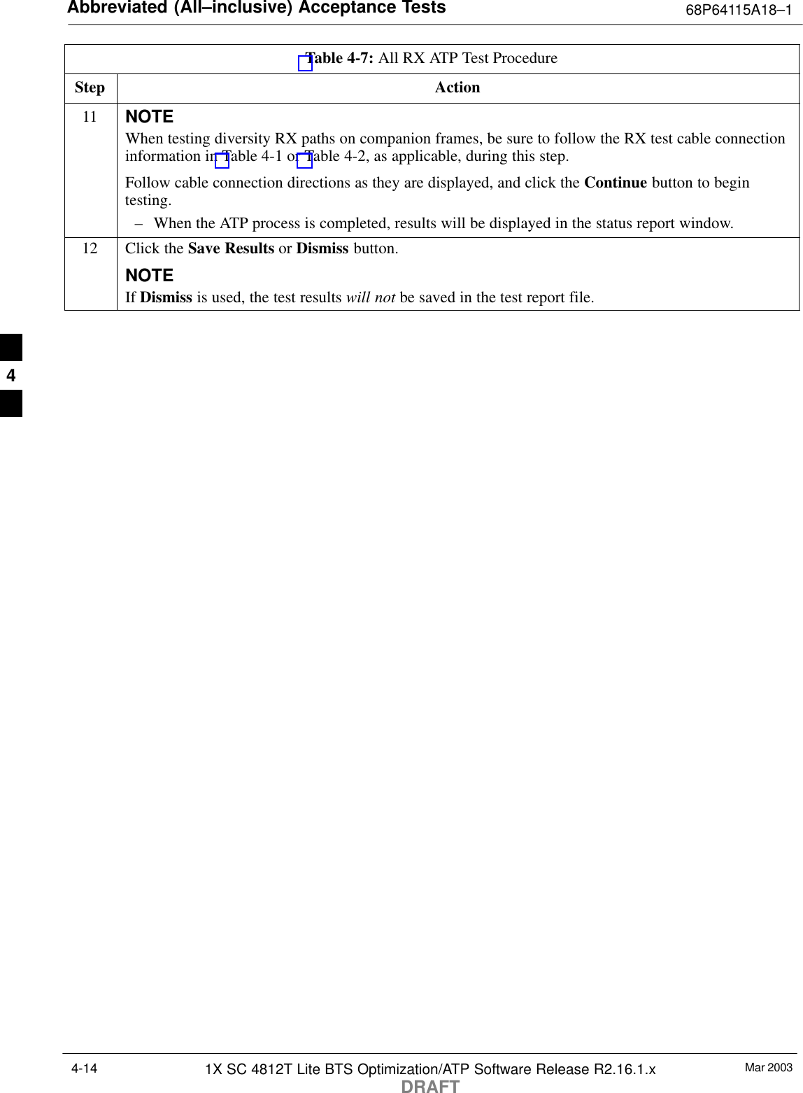 Abbreviated (All–inclusive) Acceptance Tests 68P64115A18–1Mar 20031X SC 4812T Lite BTS Optimization/ATP Software Release R2.16.1.xDRAFT4-14Table 4-7: All RX ATP Test ProcedureStep Action11 NOTEWhen testing diversity RX paths on companion frames, be sure to follow the RX test cable connectioninformation in Table 4-1 or Table 4-2, as applicable, during this step.Follow cable connection directions as they are displayed, and click the Continue button to begintesting.– When the ATP process is completed, results will be displayed in the status report window.12 Click the Save Results or Dismiss button.NOTEIf Dismiss is used, the test results will not be saved in the test report file. 4