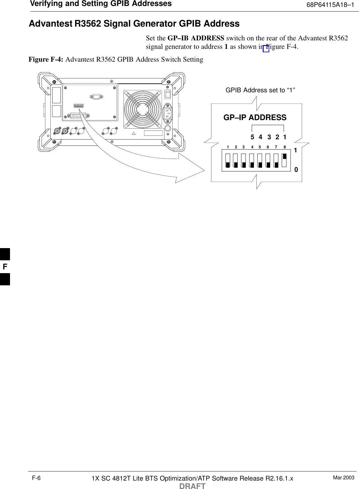 Verifying and Setting GPIB Addresses 68P64115A18–1Mar 20031X SC 4812T Lite BTS Optimization/ATP Software Release R2.16.1.xDRAFTF-6Advantest R3562 Signal Generator GPIB AddressSet the GP–IB ADDRESS switch on the rear of the Advantest R3562signal generator to address 1 as shown in Figure F-4.Figure F-4: Advantest R3562 GPIB Address Switch Setting1234567 854321GP–IP ADDRESS10GPIB Address set to “1”F