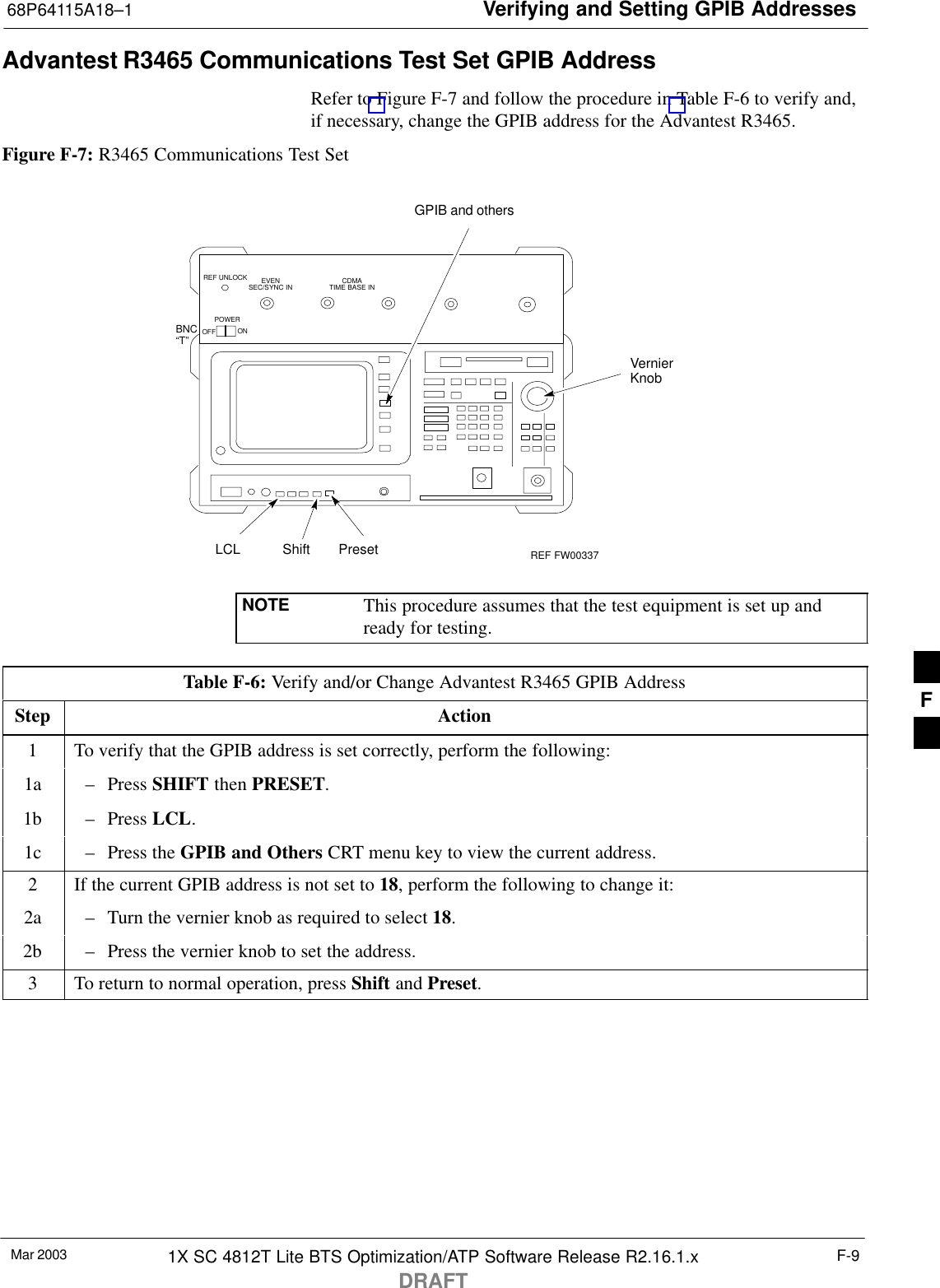 Verifying and Setting GPIB Addresses68P64115A18–1Mar 2003 1X SC 4812T Lite BTS Optimization/ATP Software Release R2.16.1.xDRAFTF-9Advantest R3465 Communications Test Set GPIB AddressRefer to Figure F-7 and follow the procedure in Table F-6 to verify and,if necessary, change the GPIB address for the Advantest R3465.Figure F-7: R3465 Communications Test SetBNC“T”REF UNLOCK EVENSEC/SYNC IN CDMATIME BASE INPOWEROFF ONREF FW00337LCL Shift PresetGPIB and othersVernierKnobNOTE This procedure assumes that the test equipment is set up andready for testing.Table F-6: Verify and/or Change Advantest R3465 GPIB AddressStep Action1To verify that the GPIB address is set correctly, perform the following:1a – Press SHIFT then PRESET.1b – Press LCL.1c – Press the GPIB and Others CRT menu key to view the current address.2If the current GPIB address is not set to 18, perform the following to change it:2a – Turn the vernier knob as required to select 18.2b – Press the vernier knob to set the address.3To return to normal operation, press Shift and Preset.F