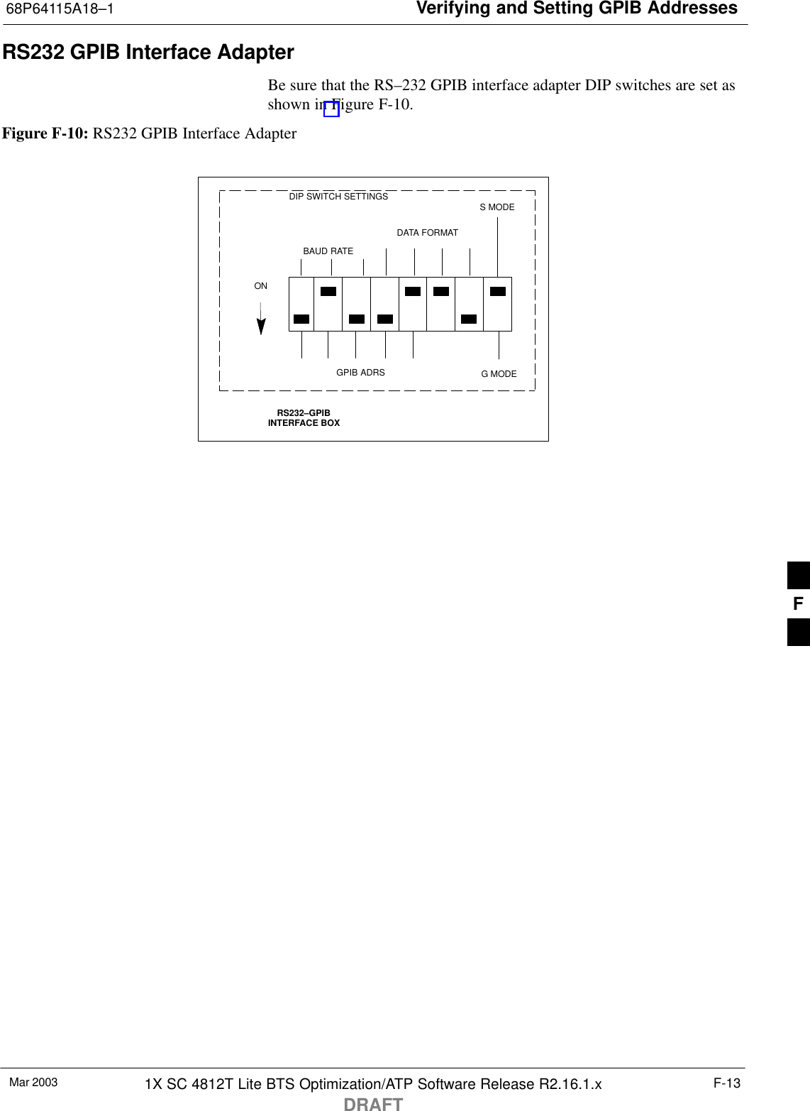 Verifying and Setting GPIB Addresses68P64115A18–1Mar 2003 1X SC 4812T Lite BTS Optimization/ATP Software Release R2.16.1.xDRAFTF-13RS232 GPIB Interface AdapterBe sure that the RS–232 GPIB interface adapter DIP switches are set asshown in Figure F-10.Figure F-10: RS232 GPIB Interface AdapterRS232–GPIBINTERFACE BOXS MODEDATA FORMATBAUD RATEGPIB ADRSONDIP SWITCH SETTINGSG MODEF