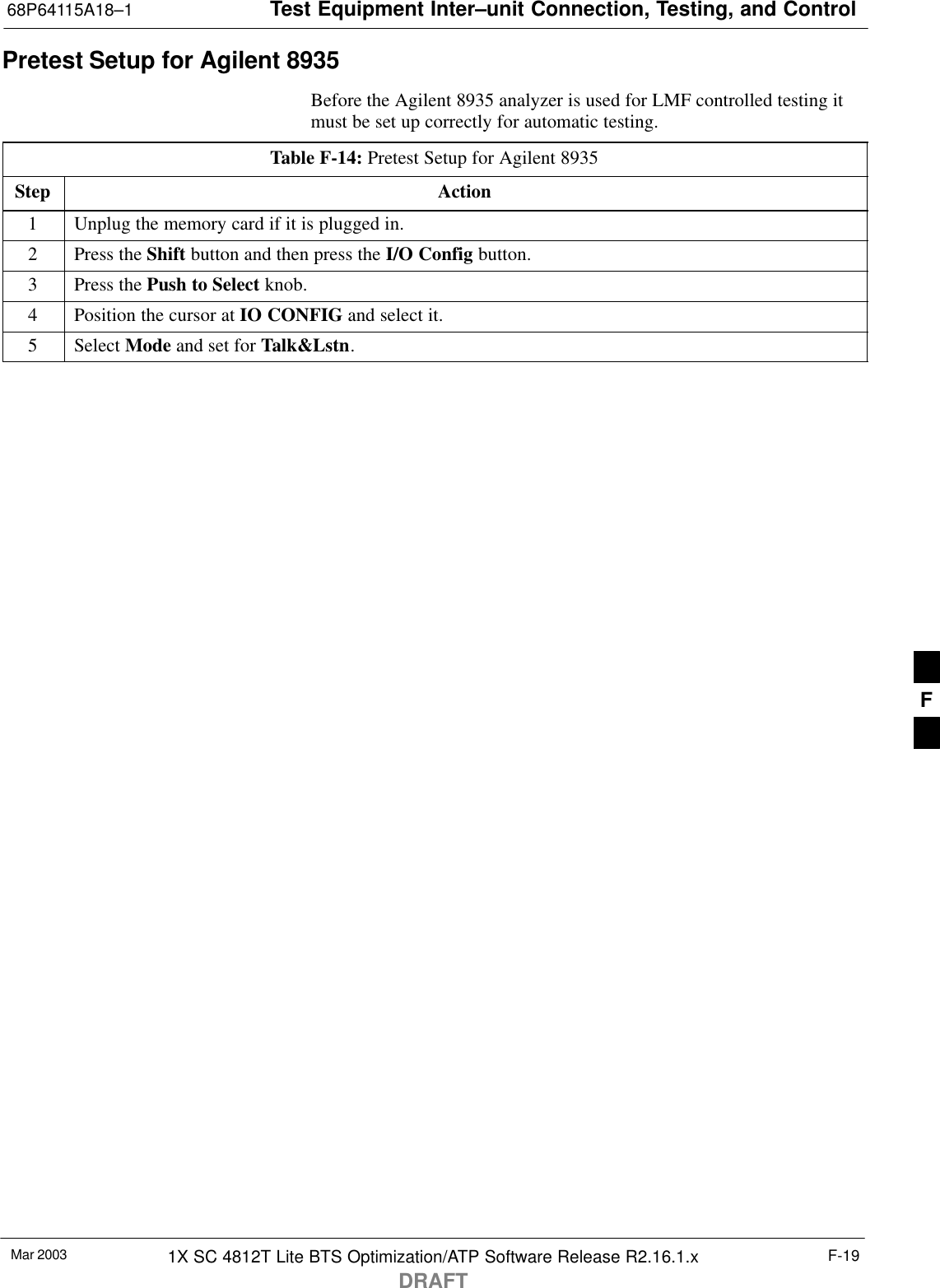 Test Equipment Inter–unit Connection, Testing, and Control68P64115A18–1Mar 2003 1X SC 4812T Lite BTS Optimization/ATP Software Release R2.16.1.xDRAFTF-19Pretest Setup for Agilent 8935Before the Agilent 8935 analyzer is used for LMF controlled testing itmust be set up correctly for automatic testing.Table F-14: Pretest Setup for Agilent 8935Step Action1Unplug the memory card if it is plugged in.2Press the Shift button and then press the I/O Config button.3Press the Push to Select knob.4Position the cursor at IO CONFIG and select it.5 Select Mode and set for Talk&amp;Lstn.F