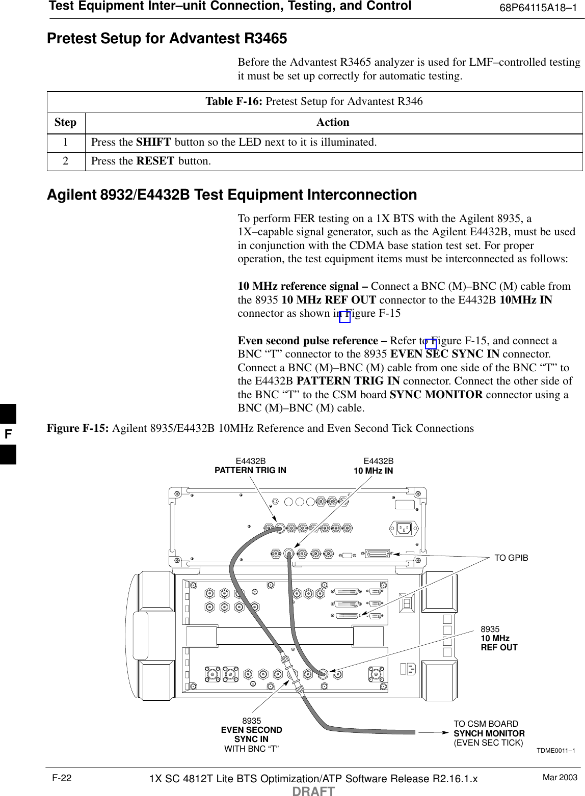 Test Equipment Inter–unit Connection, Testing, and Control 68P64115A18–1Mar 20031X SC 4812T Lite BTS Optimization/ATP Software Release R2.16.1.xDRAFTF-22Pretest Setup for Advantest R3465Before the Advantest R3465 analyzer is used for LMF–controlled testingit must be set up correctly for automatic testing.Table F-16: Pretest Setup for Advantest R346Step Action1Press the SHIFT button so the LED next to it is illuminated.2Press the RESET button.Agilent 8932/E4432B Test Equipment InterconnectionTo perform FER testing on a 1X BTS with the Agilent 8935, a1X–capable signal generator, such as the Agilent E4432B, must be usedin conjunction with the CDMA base station test set. For properoperation, the test equipment items must be interconnected as follows:10 MHz reference signal – Connect a BNC (M)–BNC (M) cable fromthe 8935 10 MHz REF OUT connector to the E4432B 10MHz INconnector as shown in Figure F-15Even second pulse reference – Refer to Figure F-15, and connect aBNC “T” connector to the 8935 EVEN SEC SYNC IN connector.Connect a BNC (M)–BNC (M) cable from one side of the BNC “T” tothe E4432B PATTERN TRIG IN connector. Connect the other side ofthe BNC “T” to the CSM board SYNC MONITOR connector using aBNC (M)–BNC (M) cable.Figure F-15: Agilent 8935/E4432B 10MHz Reference and Even Second Tick ConnectionsE4432B10 MHz INTO GPIBE4432BPATTERN TRIG INTO CSM BOARDSYNCH MONITOR(EVEN SEC TICK)893510 MHzREF OUT8935EVEN SECONDSYNC INWITH BNC “T” TDME0011–1F