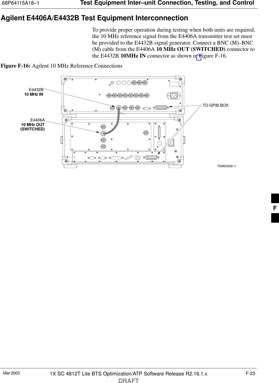 Test Equipment Inter–unit Connection, Testing, and Control68P64115A18–1Mar 2003 1X SC 4812T Lite BTS Optimization/ATP Software Release R2.16.1.xDRAFTF-23Agilent E4406A/E4432B Test Equipment InterconnectionTo provide proper operation during testing when both units are required,the 10 MHz reference signal from the E4406A transmitter test set mustbe provided to the E4432B signal generator. Connect a BNC (M)–BNC(M) cable from the E4406A 10 MHz OUT (SWITCHED) connector tothe E4432B 10MHz IN connector as shown in Figure F-16.Figure F-16: Agilent 10 MHz Reference ConnectionsE4406A10 MHz OUT(SWITCHED)E4432B10 MHz INTO GPIB BOXTDME0009–1F