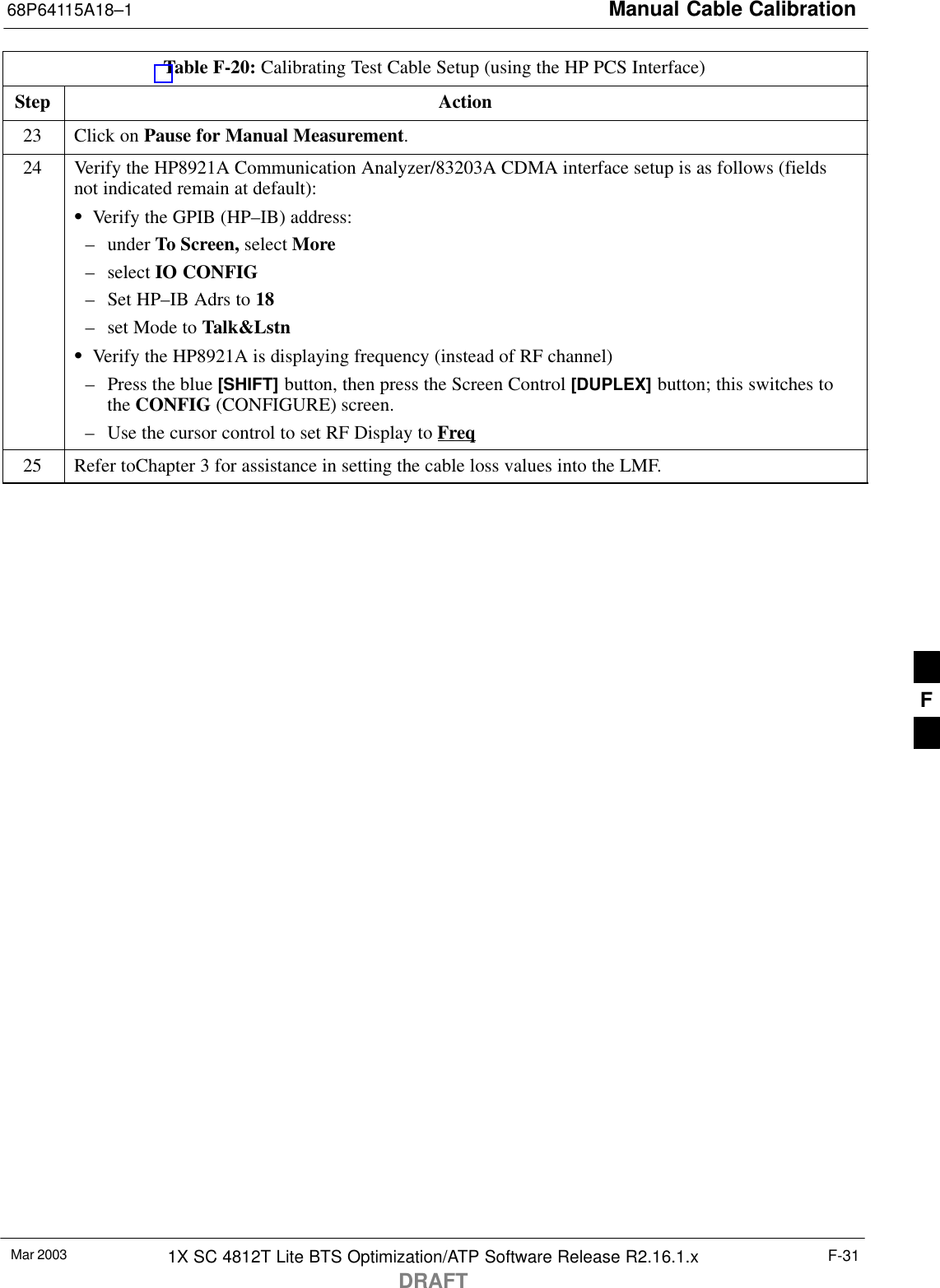 Manual Cable Calibration68P64115A18–1Mar 2003 1X SC 4812T Lite BTS Optimization/ATP Software Release R2.16.1.xDRAFTF-31Table F-20: Calibrating Test Cable Setup (using the HP PCS Interface)Step Action23 Click on Pause for Manual Measurement.24 Verify the HP8921A Communication Analyzer/83203A CDMA interface setup is as follows (fieldsnot indicated remain at default):SVerify the GPIB (HP–IB) address:– under To Screen, select More– select IO CONFIG– Set HP–IB Adrs to 18– set Mode to Talk&amp;LstnSVerify the HP8921A is displaying frequency (instead of RF channel)– Press the blue [SHIFT] button, then press the Screen Control [DUPLEX] button; this switches tothe CONFIG (CONFIGURE) screen.– Use the cursor control to set RF Display to Freq25 Refer toChapter 3 for assistance in setting the cable loss values into the LMF. F