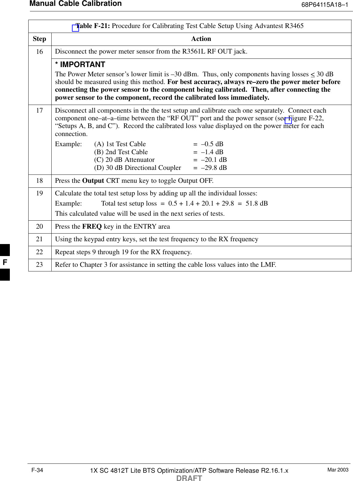 Manual Cable Calibration 68P64115A18–1Mar 20031X SC 4812T Lite BTS Optimization/ATP Software Release R2.16.1.xDRAFTF-34Table F-21: Procedure for Calibrating Test Cable Setup Using Advantest R3465Step Action16 Disconnect the power meter sensor from the R3561L RF OUT jack.* IMPORTANTThe Power Meter sensor’s lower limit is –30 dBm.  Thus, only components having losses &lt; 30 dBshould be measured using this method. For best accuracy, always re–zero the power meter beforeconnecting the power sensor to the component being calibrated.  Then, after connecting thepower sensor to the component, record the calibrated loss immediately.17 Disconnect all components in the the test setup and calibrate each one separately.  Connect eachcomponent one–at–a–time between the “RF OUT” port and the power sensor (see Figure F-22,“Setups A, B, and C”).  Record the calibrated loss value displayed on the power meter for eachconnection.Example:  (A) 1st Test Cable =  –0.5 dB(B) 2nd Test Cable  =  –1.4 dB(C) 20 dB Attenuator  =  –20.1 dB(D) 30 dB Directional Coupler  =  –29.8 dB18 Press the Output CRT menu key to toggle Output OFF.19 Calculate the total test setup loss by adding up all the individual losses:Example:  Total test setup loss  =  0.5 + 1.4 + 20.1 + 29.8  =  51.8 dBThis calculated value will be used in the next series of tests.20 Press the FREQ key in the ENTRY area21 Using the keypad entry keys, set the test frequency to the RX frequency22 Repeat steps 9 through 19 for the RX frequency.23 Refer to Chapter 3 for assistance in setting the cable loss values into the LMF. F