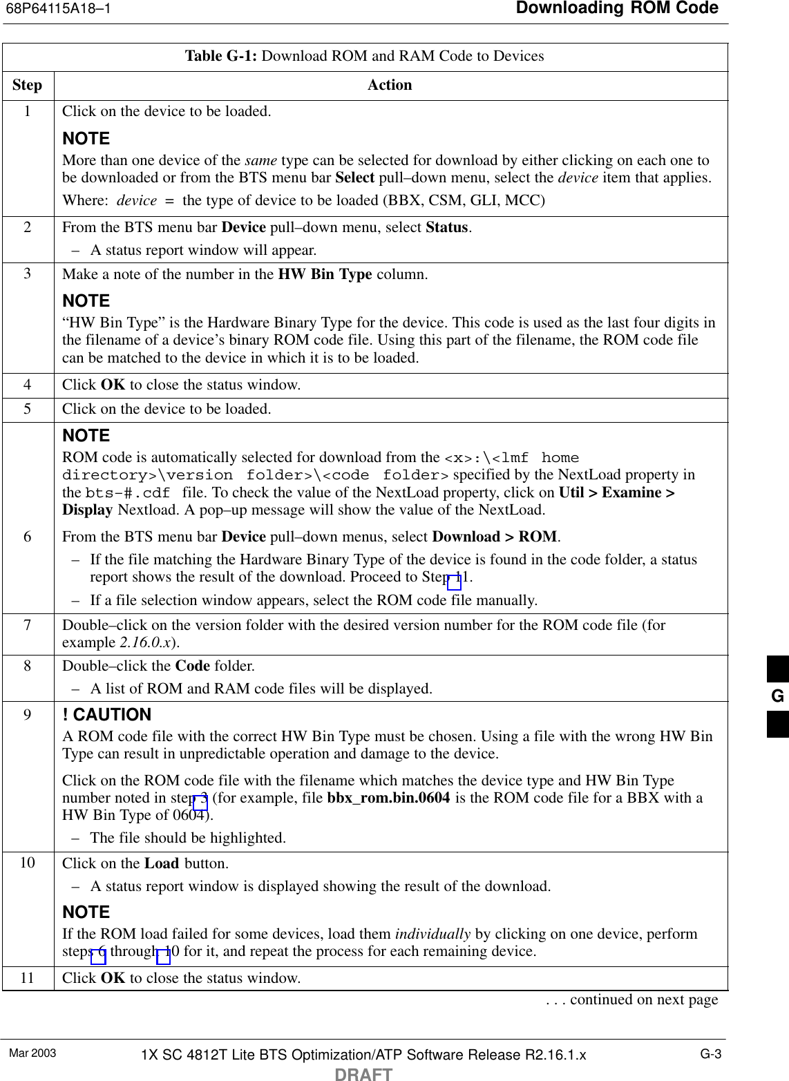Downloading ROM Code68P64115A18–1Mar 2003 1X SC 4812T Lite BTS Optimization/ATP Software Release R2.16.1.xDRAFTG-3Table G-1: Download ROM and RAM Code to DevicesStep Action1Click on the device to be loaded.NOTEMore than one device of the same type can be selected for download by either clicking on each one tobe downloaded or from the BTS menu bar Select pull–down menu, select the device item that applies.Where:  device  =  the type of device to be loaded (BBX, CSM, GLI, MCC)2From the BTS menu bar Device pull–down menu, select Status.– A status report window will appear.3Make a note of the number in the HW Bin Type column.NOTE“HW Bin Type” is the Hardware Binary Type for the device. This code is used as the last four digits inthe filename of a device’s binary ROM code file. Using this part of the filename, the ROM code filecan be matched to the device in which it is to be loaded.4 Click OK to close the status window.5Click on the device to be loaded.NOTEROM code is automatically selected for download from the &lt;x&gt;:\&lt;lmf homedirectory&gt;\version folder&gt;\&lt;code folder&gt; specified by the NextLoad property inthe bts–#.cdf file. To check the value of the NextLoad property, click on Util &gt; Examine &gt;Display Nextload. A pop–up message will show the value of the NextLoad.6From the BTS menu bar Device pull–down menus, select Download &gt; ROM.– If the file matching the Hardware Binary Type of the device is found in the code folder, a statusreport shows the result of the download. Proceed to Step 11.– If a file selection window appears, select the ROM code file manually.7Double–click on the version folder with the desired version number for the ROM code file (forexample 2.16.0.x).8Double–click the Code folder.– A list of ROM and RAM code files will be displayed.9! CAUTIONA ROM code file with the correct HW Bin Type must be chosen. Using a file with the wrong HW BinType can result in unpredictable operation and damage to the device.Click on the ROM code file with the filename which matches the device type and HW Bin Typenumber noted in step 3 (for example, file bbx_rom.bin.0604 is the ROM code file for a BBX with aHW Bin Type of 0604).– The file should be highlighted.10 Click on the Load button.– A status report window is displayed showing the result of the download.NOTEIf the ROM load failed for some devices, load them individually by clicking on one device, performsteps 6 through 10 for it, and repeat the process for each remaining device.11 Click OK to close the status window.. . . continued on next pageG
