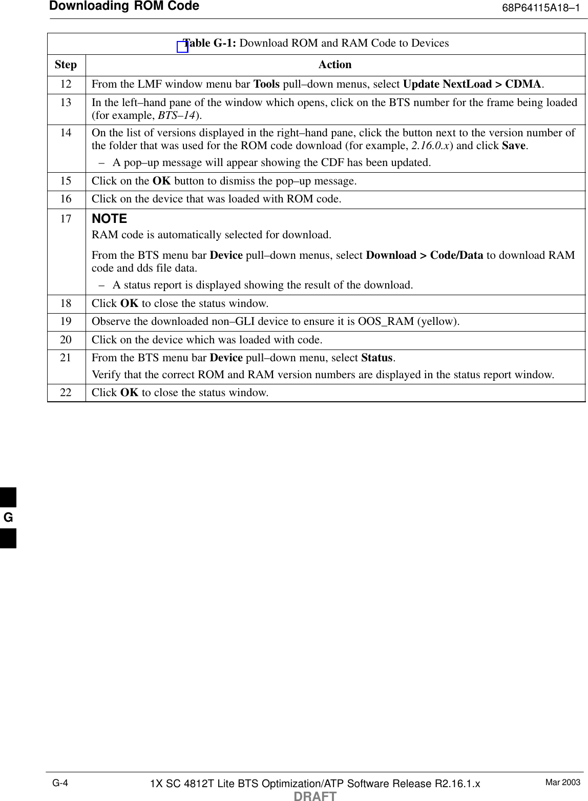 Downloading ROM Code 68P64115A18–1Mar 20031X SC 4812T Lite BTS Optimization/ATP Software Release R2.16.1.xDRAFTG-4Table G-1: Download ROM and RAM Code to DevicesStep Action12 From the LMF window menu bar Tools pull–down menus, select Update NextLoad &gt; CDMA.13 In the left–hand pane of the window which opens, click on the BTS number for the frame being loaded(for example, BTS–14).14 On the list of versions displayed in the right–hand pane, click the button next to the version number ofthe folder that was used for the ROM code download (for example, 2.16.0.x) and click Save.– A pop–up message will appear showing the CDF has been updated.15 Click on the OK button to dismiss the pop–up message.16 Click on the device that was loaded with ROM code.17 NOTERAM code is automatically selected for download.From the BTS menu bar Device pull–down menus, select Download &gt; Code/Data to download RAMcode and dds file data.– A status report is displayed showing the result of the download.18 Click OK to close the status window.19 Observe the downloaded non–GLI device to ensure it is OOS_RAM (yellow).20 Click on the device which was loaded with code.21 From the BTS menu bar Device pull–down menu, select Status.Verify that the correct ROM and RAM version numbers are displayed in the status report window.22 Click OK to close the status window. G