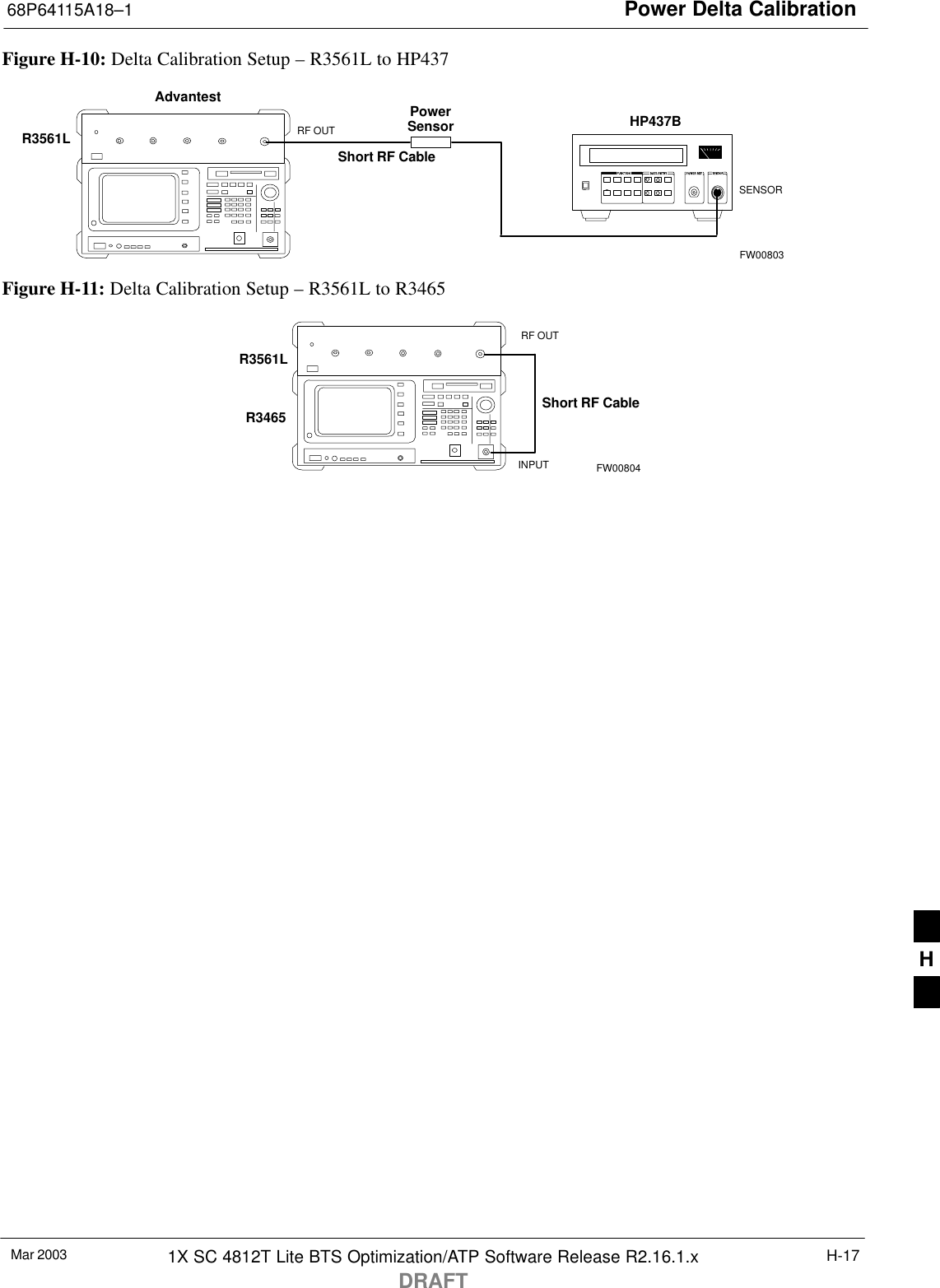 Power Delta Calibration68P64115A18–1Mar 2003 1X SC 4812T Lite BTS Optimization/ATP Software Release R2.16.1.xDRAFTH-17Figure H-10: Delta Calibration Setup – R3561L to HP437Advantest PowerSensorRF OUTShort RF CableHP437BSENSORR3561LFW00803Figure H-11: Delta Calibration Setup – R3561L to R3465R3561LRF OUTINPUTShort RF CableR3465FW00804H