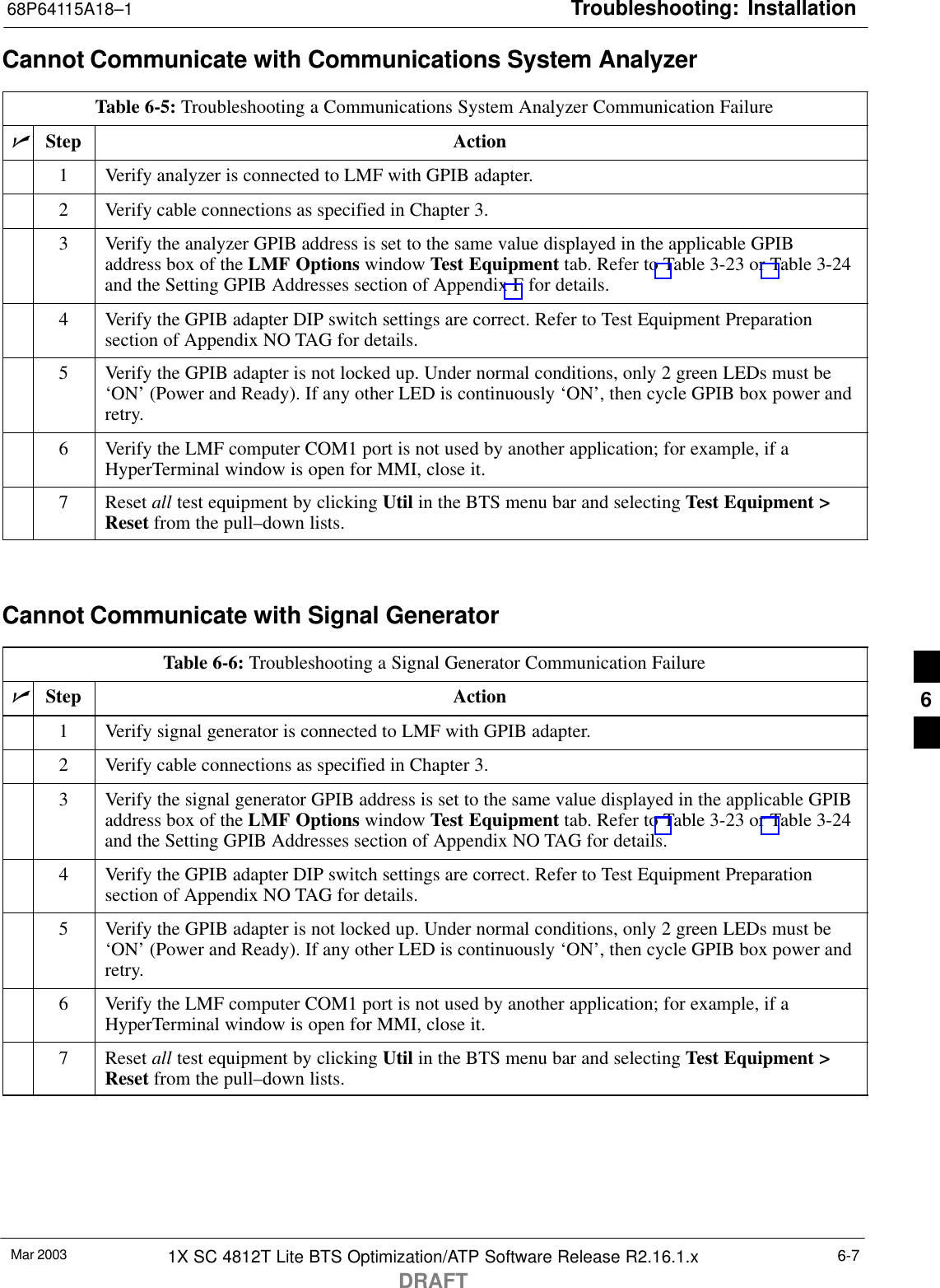 Troubleshooting: Installation68P64115A18–1Mar 2003 1X SC 4812T Lite BTS Optimization/ATP Software Release R2.16.1.xDRAFT6-7Cannot Communicate with Communications System AnalyzerTable 6-5: Troubleshooting a Communications System Analyzer Communication FailurenStep Action1Verify analyzer is connected to LMF with GPIB adapter.2Verify cable connections as specified in Chapter 3.3Verify the analyzer GPIB address is set to the same value displayed in the applicable GPIBaddress box of the LMF Options window Test Equipment tab. Refer to Table 3-23 or Table 3-24and the Setting GPIB Addresses section of Appendix F for details.4Verify the GPIB adapter DIP switch settings are correct. Refer to Test Equipment Preparationsection of Appendix NO TAG for details.5Verify the GPIB adapter is not locked up. Under normal conditions, only 2 green LEDs must be‘ON’ (Power and Ready). If any other LED is continuously ‘ON’, then cycle GPIB box power andretry.6Verify the LMF computer COM1 port is not used by another application; for example, if aHyperTerminal window is open for MMI, close it.7 Reset all test equipment by clicking Util in the BTS menu bar and selecting Test Equipment &gt;Reset from the pull–down lists. Cannot Communicate with Signal GeneratorTable 6-6: Troubleshooting a Signal Generator Communication FailurenStep Action1Verify signal generator is connected to LMF with GPIB adapter.2Verify cable connections as specified in Chapter 3.3Verify the signal generator GPIB address is set to the same value displayed in the applicable GPIBaddress box of the LMF Options window Test Equipment tab. Refer to Table 3-23 or Table 3-24and the Setting GPIB Addresses section of Appendix NO TAG for details.4Verify the GPIB adapter DIP switch settings are correct. Refer to Test Equipment Preparationsection of Appendix NO TAG for details.5Verify the GPIB adapter is not locked up. Under normal conditions, only 2 green LEDs must be‘ON’ (Power and Ready). If any other LED is continuously ‘ON’, then cycle GPIB box power andretry.6Verify the LMF computer COM1 port is not used by another application; for example, if aHyperTerminal window is open for MMI, close it.7 Reset all test equipment by clicking Util in the BTS menu bar and selecting Test Equipment &gt;Reset from the pull–down lists. 6