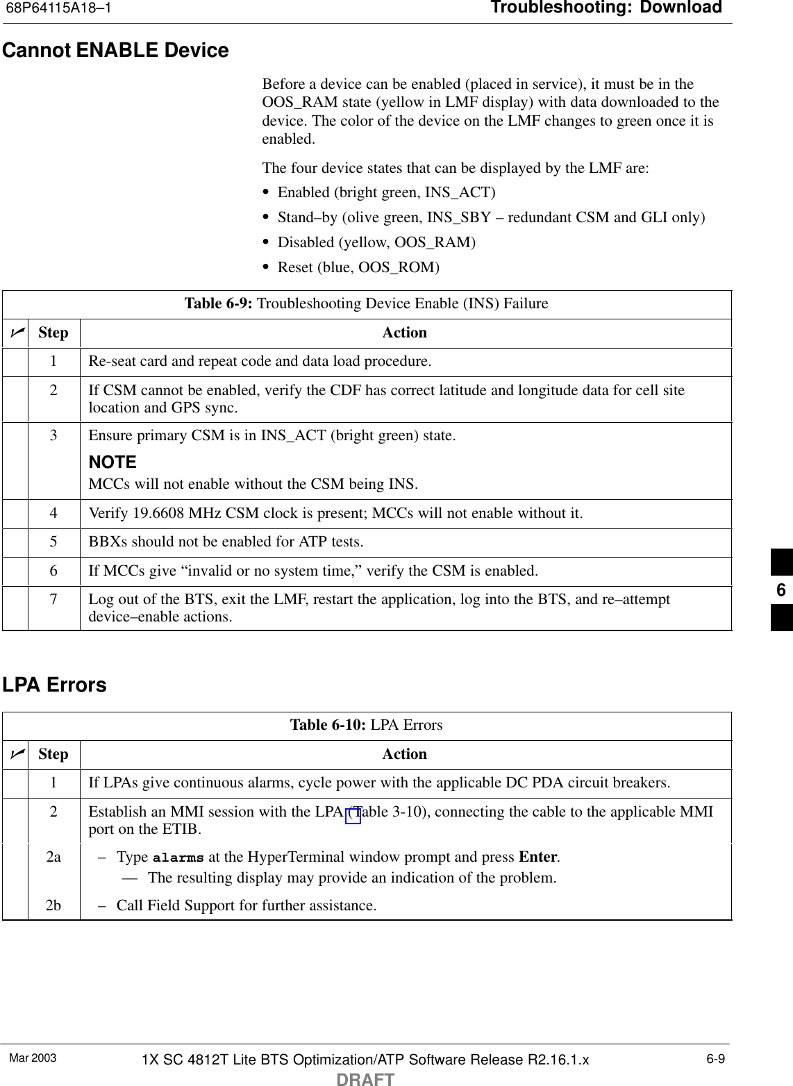 Troubleshooting: Download68P64115A18–1Mar 2003 1X SC 4812T Lite BTS Optimization/ATP Software Release R2.16.1.xDRAFT6-9Cannot ENABLE DeviceBefore a device can be enabled (placed in service), it must be in theOOS_RAM state (yellow in LMF display) with data downloaded to thedevice. The color of the device on the LMF changes to green once it isenabled.The four device states that can be displayed by the LMF are:SEnabled (bright green, INS_ACT)SStand–by (olive green, INS_SBY – redundant CSM and GLI only)SDisabled (yellow, OOS_RAM)SReset (blue, OOS_ROM)Table 6-9: Troubleshooting Device Enable (INS) FailurenStep Action1Re-seat card and repeat code and data load procedure.2If CSM cannot be enabled, verify the CDF has correct latitude and longitude data for cell sitelocation and GPS sync.3Ensure primary CSM is in INS_ACT (bright green) state.NOTEMCCs will not enable without the CSM being INS.4Verify 19.6608 MHz CSM clock is present; MCCs will not enable without it.5BBXs should not be enabled for ATP tests.6If MCCs give “invalid or no system time,” verify the CSM is enabled.7Log out of the BTS, exit the LMF, restart the application, log into the BTS, and re–attemptdevice–enable actions. LPA ErrorsTable 6-10: LPA ErrorsnStep Action1If LPAs give continuous alarms, cycle power with the applicable DC PDA circuit breakers.2Establish an MMI session with the LPA (Table 3-10), connecting the cable to the applicable MMIport on the ETIB.2a – Type alarms at the HyperTerminal window prompt and press Enter.–– The resulting display may provide an indication of the problem.2b – Call Field Support for further assistance.6