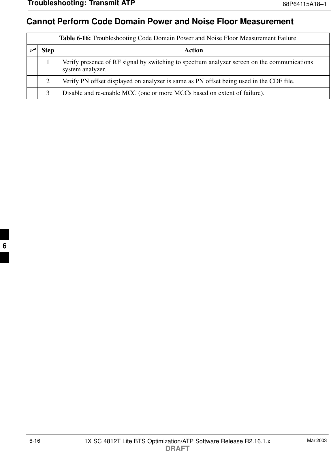 Troubleshooting: Transmit ATP 68P64115A18–1Mar 20031X SC 4812T Lite BTS Optimization/ATP Software Release R2.16.1.xDRAFT6-16Cannot Perform Code Domain Power and Noise Floor MeasurementTable 6-16: Troubleshooting Code Domain Power and Noise Floor Measurement FailurenStep Action1Verify presence of RF signal by switching to spectrum analyzer screen on the communicationssystem analyzer.2Verify PN offset displayed on analyzer is same as PN offset being used in the CDF file.3Disable and re-enable MCC (one or more MCCs based on extent of failure). 6