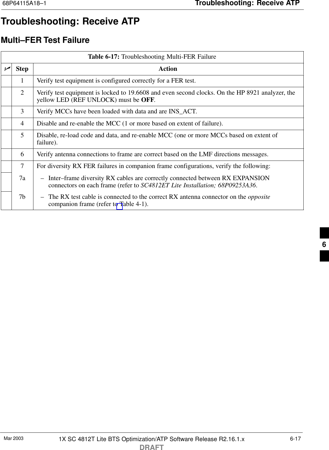 Troubleshooting: Receive ATP68P64115A18–1Mar 2003 1X SC 4812T Lite BTS Optimization/ATP Software Release R2.16.1.xDRAFT6-17Troubleshooting: Receive ATPMulti–FER Test FailureTable 6-17: Troubleshooting Multi-FER FailurenStep Action1Verify test equipment is configured correctly for a FER test.2Verify test equipment is locked to 19.6608 and even second clocks. On the HP 8921 analyzer, theyellow LED (REF UNLOCK) must be OFF.3Verify MCCs have been loaded with data and are INS_ACT.4Disable and re-enable the MCC (1 or more based on extent of failure).5Disable, re-load code and data, and re-enable MCC (one or more MCCs based on extent offailure).6Verify antenna connections to frame are correct based on the LMF directions messages.7For diversity RX FER failures in companion frame configurations, verify the following:7a – Inter–frame diversity RX cables are correctly connected between RX EXPANSIONconnectors on each frame (refer to SC4812ET Lite Installation; 68P09253A36.7b – The RX test cable is connected to the correct RX antenna connector on the oppositecompanion frame (refer to Table 4-1). 6