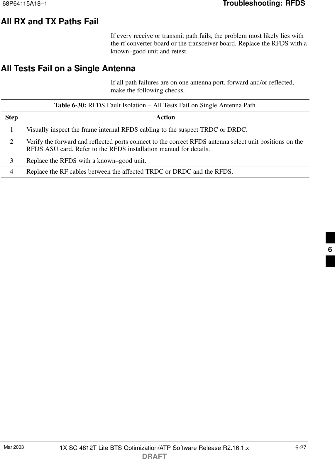 Troubleshooting: RFDS68P64115A18–1Mar 2003 1X SC 4812T Lite BTS Optimization/ATP Software Release R2.16.1.xDRAFT6-27All RX and TX Paths FailIf every receive or transmit path fails, the problem most likely lies withthe rf converter board or the transceiver board. Replace the RFDS with aknown–good unit and retest.All Tests Fail on a Single AntennaIf all path failures are on one antenna port, forward and/or reflected,make the following checks.Table 6-30: RFDS Fault Isolation – All Tests Fail on Single Antenna PathStep Action1Visually inspect the frame internal RFDS cabling to the suspect TRDC or DRDC.2Verify the forward and reflected ports connect to the correct RFDS antenna select unit positions on theRFDS ASU card. Refer to the RFDS installation manual for details.3Replace the RFDS with a known–good unit.4Replace the RF cables between the affected TRDC or DRDC and the RFDS. 6