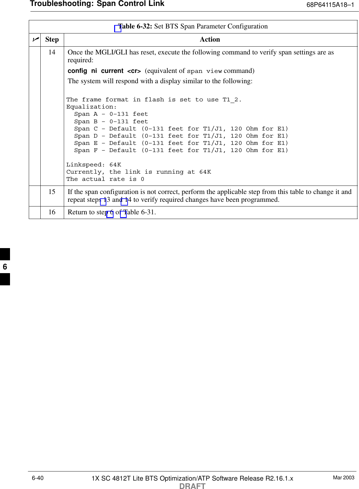 Troubleshooting: Span Control Link 68P64115A18–1Mar 20031X SC 4812T Lite BTS Optimization/ATP Software Release R2.16.1.xDRAFT6-40Table 6-32: Set BTS Span Parameter ConfigurationnActionStep14 Once the MGLI/GLI has reset, execute the following command to verify span settings are asrequired:config  ni  current  &lt;cr&gt;  (equivalent of span view command)The system will respond with a display similar to the following:The frame format in flash is set to use T1_2.Equalization:  Span A – 0–131 feet  Span B – 0–131 feet  Span C – Default (0–131 feet for T1/J1, 120 Ohm for E1)  Span D – Default (0–131 feet for T1/J1, 120 Ohm for E1)  Span E – Default (0–131 feet for T1/J1, 120 Ohm for E1)  Span F – Default (0–131 feet for T1/J1, 120 Ohm for E1)Linkspeed: 64KCurrently, the link is running at 64K The actual rate is 015 If the span configuration is not correct, perform the applicable step from this table to change it andrepeat steps 13 and 14 to verify required changes have been programmed.16 Return to step 6 of Table 6-31. 6