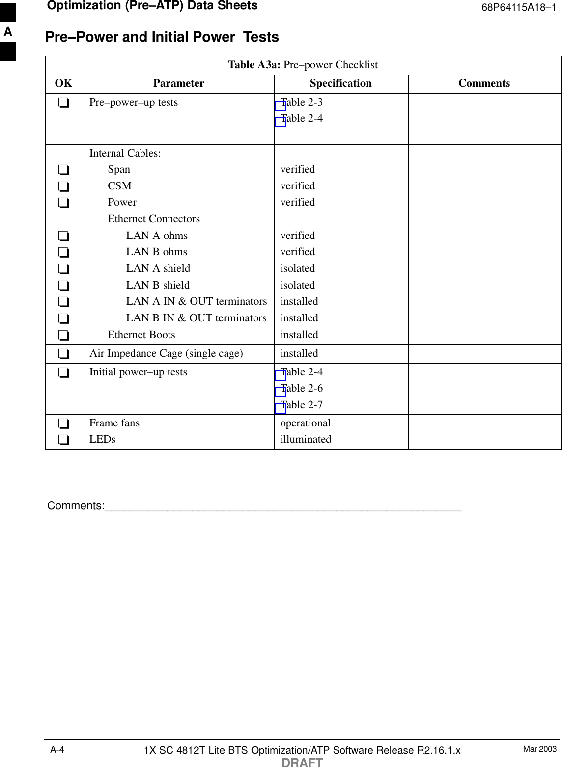 Optimization (Pre–ATP) Data Sheets 68P64115A18–1Mar 20031X SC 4812T Lite BTS Optimization/ATP Software Release R2.16.1.xDRAFTA-4Pre–Power and Initial Power  TestsTable A3a: Pre–power ChecklistOK Parameter Specification Comments−Pre–power–up tests Table 2-3Table 2-4−−−−−−−−−−Internal Cables:SpanCSMPowerEthernet ConnectorsLAN A ohmsLAN B ohmsLAN A shieldLAN B shieldLAN A IN &amp; OUT terminatorsLAN B IN &amp; OUT terminatorsEthernet Bootsverifiedverifiedverifiedverifiedverifiedisolatedisolatedinstalledinstalledinstalled−Air Impedance Cage (single cage) installed−Initial power–up tests Table 2-4Table 2-6Table 2-7−−Frame fansLEDsoperationalilluminatedComments:_________________________________________________________A