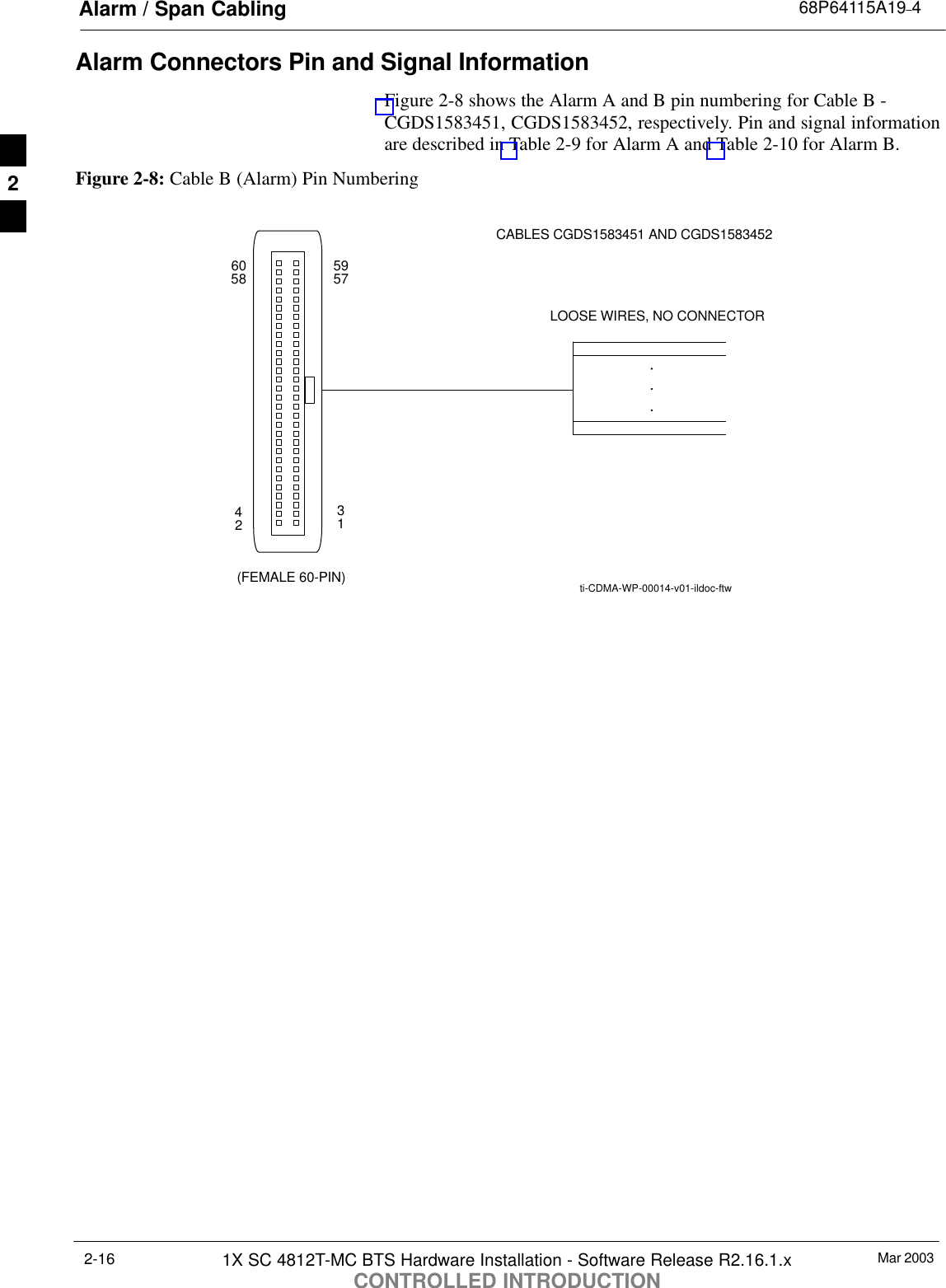 Alarm / Span Cabling 68P64115A19–4Mar 20031X SC 4812T-MC BTS Hardware Installation - Software Release R2.16.1.xCONTROLLED INTRODUCTION2-16Alarm Connectors Pin and Signal InformationFigure 2-8 shows the Alarm A and B pin numbering for Cable B -CGDS1583451, CGDS1583452, respectively. Pin and signal informationare described in Table 2-9 for Alarm A and Table 2-10 for Alarm B.Figure 2-8: Cable B (Alarm) Pin Numbering591602575834LOOSE WIRES, NO CONNECTORti-CDMA-WP-00014-v01-ildoc-ftwCABLES CGDS1583451 AND CGDS1583452(FEMALE 60-PIN)2