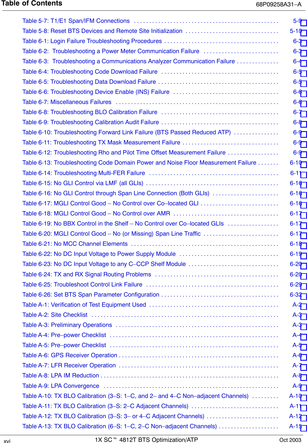 Table of Contents 68P09258A31–A1X SCt 4812T BTS Optimization/ATPxvi Oct 2003Table 5-7: T1/E1 Span/IFM Connections 5-9 . . . . . . . . . . . . . . . . . . . . . . . . . . . . . . . . . . . . . . . . . . . . . . . . Table 5-8: Reset BTS Devices and Remote Site Initialization 5-10 . . . . . . . . . . . . . . . . . . . . . . . . . . . . . . . Table 6-1: Login Failure Troubleshooting Procedures 6-3 . . . . . . . . . . . . . . . . . . . . . . . . . . . . . . . . . . . . . . Table 6-2:  Troubleshooting a Power Meter Communication Failure 6-3 . . . . . . . . . . . . . . . . . . . . . . . . . Table 6-3:  Troubleshooting a Communications Analyzer Communication Failure 6-4 . . . . . . . . . . . . . . Table 6-4: Troubleshooting Code Download Failure 6-5 . . . . . . . . . . . . . . . . . . . . . . . . . . . . . . . . . . . . . . . Table 6-5: Troubleshooting Data Download Failure 6-5 . . . . . . . . . . . . . . . . . . . . . . . . . . . . . . . . . . . . . . . . Table 6-6: Troubleshooting Device Enable (INS) Failure 6-6 . . . . . . . . . . . . . . . . . . . . . . . . . . . . . . . . . . . Table 6-7: Miscellaneous Failures 6-6 . . . . . . . . . . . . . . . . . . . . . . . . . . . . . . . . . . . . . . . . . . . . . . . . . . . . . . Table 6-8: Troubleshooting BLO Calibration Failure 6-7 . . . . . . . . . . . . . . . . . . . . . . . . . . . . . . . . . . . . . . . Table 6-9: Troubleshooting Calibration Audit Failure 6-8 . . . . . . . . . . . . . . . . . . . . . . . . . . . . . . . . . . . . . . . Table 6-10: Troubleshooting Forward Link Failure (BTS Passed Reduced ATP) 6-9 . . . . . . . . . . . . . . . Table 6-11: Troubleshooting TX Mask Measurement Failure 6-9 . . . . . . . . . . . . . . . . . . . . . . . . . . . . . . . . Table 6-12: Troubleshooting Rho and Pilot Time Offset Measurement Failure 6-9 . . . . . . . . . . . . . . . . . Table 6-13: Troubleshooting Code Domain Power and Noise Floor Measurement Failure 6-10 . . . . . . . Table 6-14: Troubleshooting Multi-FER Failure 6-11 . . . . . . . . . . . . . . . . . . . . . . . . . . . . . . . . . . . . . . . . . . . Table 6-15: No GLI Control via LMF (all GLIs) 6-16 . . . . . . . . . . . . . . . . . . . . . . . . . . . . . . . . . . . . . . . . . . . . Table 6-16: No GLI Control through Span Line Connection (Both GLIs) 6-16 . . . . . . . . . . . . . . . . . . . . . . Table 6-17: MGLI Control Good – No Control over Co–located GLI 6-16 . . . . . . . . . . . . . . . . . . . . . . . . . . Table 6-18: MGLI Control Good – No Control over AMR 6-17 . . . . . . . . . . . . . . . . . . . . . . . . . . . . . . . . . . . Table 6-19: No BBX Control in the Shelf – No Control over Co–located GLIs 6-17 . . . . . . . . . . . . . . . . . Table 6-20: MGLI Control Good – No (or Missing) Span Line Traffic 6-17 . . . . . . . . . . . . . . . . . . . . . . . . . Table 6-21: No MCC Channel Elements 6-18 . . . . . . . . . . . . . . . . . . . . . . . . . . . . . . . . . . . . . . . . . . . . . . . . . Table 6-22: No DC Input Voltage to Power Supply Module 6-19 . . . . . . . . . . . . . . . . . . . . . . . . . . . . . . . . . Table 6-23: No DC Input Voltage to any C–CCP Shelf Module 6-20 . . . . . . . . . . . . . . . . . . . . . . . . . . . . . . Table 6-24: TX and RX Signal Routing Problems 6-20 . . . . . . . . . . . . . . . . . . . . . . . . . . . . . . . . . . . . . . . . . Table 6-25: Troubleshoot Control Link Failure 6-29 . . . . . . . . . . . . . . . . . . . . . . . . . . . . . . . . . . . . . . . . . . . . Table 6-26: Set BTS Span Parameter Configuration 6-32 . . . . . . . . . . . . . . . . . . . . . . . . . . . . . . . . . . . . . . . Table A-1: Verification of Test Equipment Used A-2 . . . . . . . . . . . . . . . . . . . . . . . . . . . . . . . . . . . . . . . . . . . Table A-2: Site Checklist A-3 . . . . . . . . . . . . . . . . . . . . . . . . . . . . . . . . . . . . . . . . . . . . . . . . . . . . . . . . . . . . . . Table A-3: Preliminary Operations A-3 . . . . . . . . . . . . . . . . . . . . . . . . . . . . . . . . . . . . . . . . . . . . . . . . . . . . . . Table A-4: Pre–power Checklist A-4 . . . . . . . . . . . . . . . . . . . . . . . . . . . . . . . . . . . . . . . . . . . . . . . . . . . . . . . . Table A-5: Pre–power Checklist A-5 . . . . . . . . . . . . . . . . . . . . . . . . . . . . . . . . . . . . . . . . . . . . . . . . . . . . . . . . Table A-6: GPS Receiver Operation A-6 . . . . . . . . . . . . . . . . . . . . . . . . . . . . . . . . . . . . . . . . . . . . . . . . . . . . . Table A-7: LFR Receiver Operation A-7 . . . . . . . . . . . . . . . . . . . . . . . . . . . . . . . . . . . . . . . . . . . . . . . . . . . . . Table A-8: LPA IM Reduction A-8 . . . . . . . . . . . . . . . . . . . . . . . . . . . . . . . . . . . . . . . . . . . . . . . . . . . . . . . . . . . Table A-9: LPA Convergence A-9 . . . . . . . . . . . . . . . . . . . . . . . . . . . . . . . . . . . . . . . . . . . . . . . . . . . . . . . . . . Table A-10: TX BLO Calibration (3–S: 1–C, and 2– and 4–C Non–adjacent Channels) A-10 . . . . . . . . . Table A-11: TX BLO Calibration (3–S: 2–C Adjacent Channels) A-11 . . . . . . . . . . . . . . . . . . . . . . . . . . . . . Table A-12: TX BLO Calibration (3–S: 3– or 4–C Adjacent Channels) A-12 . . . . . . . . . . . . . . . . . . . . . . . . Table A-13: TX BLO Calibration (6–S: 1–C, 2–C Non–adjacent Channels) A-15 . . . . . . . . . . . . . . . . . . . . 