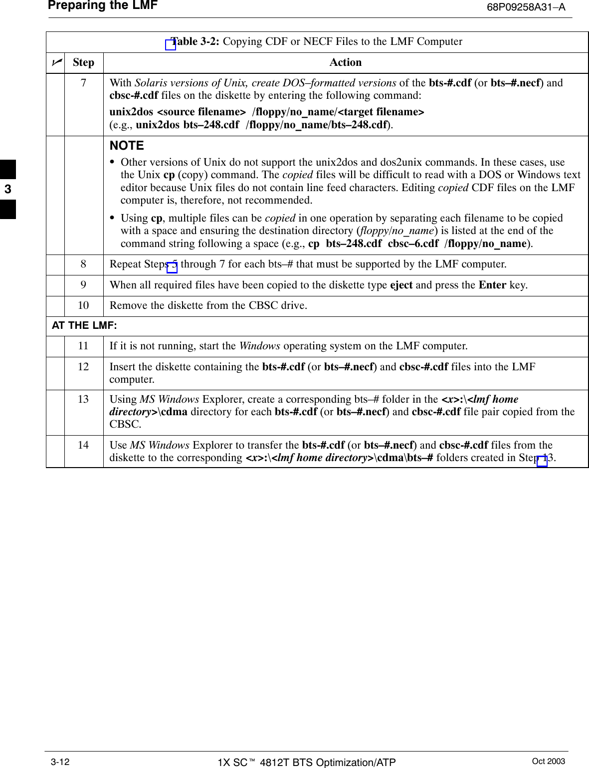 Preparing the LMF 68P09258A31–AOct 20031X SCt 4812T BTS Optimization/ATP3-12Table 3-2: Copying CDF or NECF Files to the LMF ComputernActionStep7 With Solaris versions of Unix, create DOS–formatted versions of the bts-#.cdf (or bts–#.necf) andcbsc-#.cdf files on the diskette by entering the following command:unix2dos &lt;source filename&gt;  /floppy/no_name/&lt;target filename&gt;(e.g., unix2dos bts–248.cdf  /floppy/no_name/bts–248.cdf).NOTESOther versions of Unix do not support the unix2dos and dos2unix commands. In these cases, usethe Unix cp (copy) command. The copied files will be difficult to read with a DOS or Windows texteditor because Unix files do not contain line feed characters. Editing copied CDF files on the LMFcomputer is, therefore, not recommended.SUsing cp, multiple files can be copied in one operation by separating each filename to be copiedwith a space and ensuring the destination directory (floppy/no_name) is listed at the end of thecommand string following a space (e.g., cp  bts–248.cdf  cbsc–6.cdf  /floppy/no_name).8Repeat Steps 5 through 7 for each bts–# that must be supported by the LMF computer.9When all required files have been copied to the diskette type eject and press the Enter key.10 Remove the diskette from the CBSC drive.AT THE LMF:11 If it is not running, start the Windows operating system on the LMF computer.12 Insert the diskette containing the bts-#.cdf (or bts–#.necf) and cbsc-#.cdf files into the LMFcomputer.13 Using MS Windows Explorer, create a corresponding bts–# folder in the &lt;x&gt;:\&lt;lmf homedirectory&gt;\cdma directory for each bts-#.cdf (or bts–#.necf) and cbsc-#.cdf file pair copied from theCBSC.14 Use MS Windows Explorer to transfer the bts-#.cdf (or bts–#.necf) and cbsc-#.cdf files from thediskette to the corresponding &lt;x&gt;:\&lt;lmf home directory&gt;\cdma\bts–# folders created in Step 13. 3