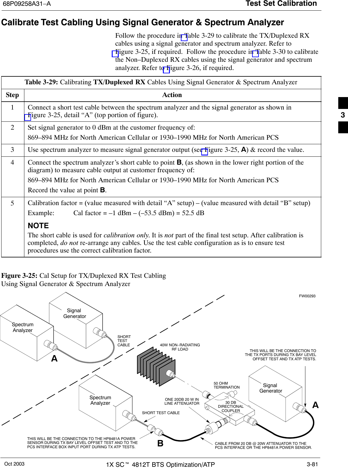 Test Set Calibration68P09258A31–AOct 2003 1X SCt 4812T BTS Optimization/ATP 3-81Calibrate Test Cabling Using Signal Generator &amp; Spectrum AnalyzerFollow the procedure in Table 3-29 to calibrate the TX/Duplexed RXcables using a signal generator and spectrum analyzer. Refer toFigure 3-25, if required.  Follow the procedure in Table 3-30 to calibratethe Non–Duplexed RX cables using the signal generator and spectrumanalyzer. Refer to Figure 3-26, if required.Table 3-29: Calibrating TX/Duplexed RX Cables Using Signal Generator &amp; Spectrum AnalyzerStep Action1Connect a short test cable between the spectrum analyzer and the signal generator as shown inFigure 3-25, detail “A” (top portion of figure).2Set signal generator to 0 dBm at the customer frequency of:869–894 MHz for North American Cellular or 1930–1990 MHz for North American PCS3Use spectrum analyzer to measure signal generator output (see Figure 3-25, A) &amp; record the value.4Connect the spectrum analyzer’s short cable to point B, (as shown in the lower right portion of thediagram) to measure cable output at customer frequency of:869–894 MHz for North American Cellular or 1930–1990 MHz for North American PCSRecord the value at point B.5Calibration factor = (value measured with detail “A” setup) – (value measured with detail “B” setup)Example:  Cal factor = –1 dBm – (–53.5 dBm) = 52.5 dBNOTEThe short cable is used for calibration only. It is not part of the final test setup. After calibration iscompleted, do not re-arrange any cables. Use the test cable configuration as is to ensure testprocedures use the correct calibration factor. Figure 3-25: Cal Setup for TX/Duplexed RX Test Cabling Using Signal Generator &amp; Spectrum Analyzer50 OHMTERMINATION30 DBDIRECTIONALCOUPLERSpectrumAnalyzerSignal GeneratorASpectrumAnalyzer40W NON–RADIATINGRF LOADBSHORT TEST CABLESignal GeneratorTHIS WILL BE THE CONNECTION TO THE HP8481A POWERSENSOR DURING TX BAY LEVEL OFFSET TEST AND TO THEPCS INTERFACE BOX INPUT PORT DURING TX ATP TESTS.SHORTTESTCABLETHIS WILL BE THE CONNECTION TOTHE TX PORTS DURING TX BAY LEVELOFFSET TEST AND TX ATP TESTS.CABLE FROM 20 DB @ 20W ATTENUATOR TO THEPCS INTERFACE OR THE HP8481A POWER SENSOR.AONE 20DB 20 W INLINE ATTENUATORFW002933