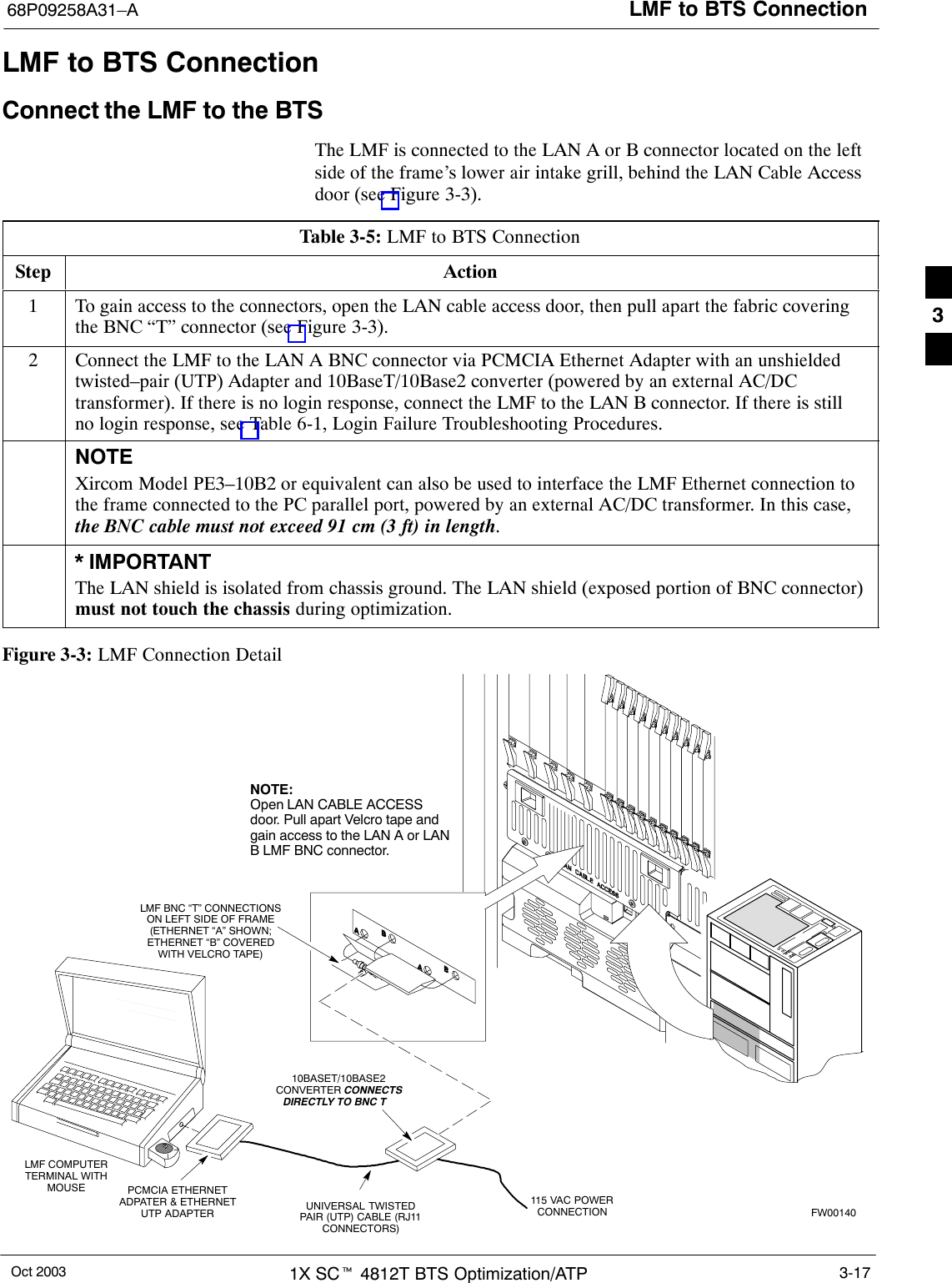 LMF to BTS Connection68P09258A31–AOct 2003 1X SCt 4812T BTS Optimization/ATP 3-17LMF to BTS ConnectionConnect the LMF to the BTSThe LMF is connected to the LAN A or B connector located on the leftside of the frame’s lower air intake grill, behind the LAN Cable Accessdoor (see Figure 3-3).Table 3-5: LMF to BTS ConnectionStep Action1To gain access to the connectors, open the LAN cable access door, then pull apart the fabric coveringthe BNC “T” connector (see Figure 3-3).2Connect the LMF to the LAN A BNC connector via PCMCIA Ethernet Adapter with an unshieldedtwisted–pair (UTP) Adapter and 10BaseT/10Base2 converter (powered by an external AC/DCtransformer). If there is no login response, connect the LMF to the LAN B connector. If there is stillno login response, see Table 6-1, Login Failure Troubleshooting Procedures.NOTEXircom Model PE3–10B2 or equivalent can also be used to interface the LMF Ethernet connection tothe frame connected to the PC parallel port, powered by an external AC/DC transformer. In this case,the BNC cable must not exceed 91 cm (3 ft) in length.* IMPORTANTThe LAN shield is isolated from chassis ground. The LAN shield (exposed portion of BNC connector)must not touch the chassis during optimization.Figure 3-3: LMF Connection DetailNOTE:Open LAN CABLE ACCESSdoor. Pull apart Velcro tape andgain access to the LAN A or LANB LMF BNC connector.LMF BNC “T” CONNECTIONSON LEFT SIDE OF FRAME(ETHERNET “A” SHOWN;ETHERNET “B” COVEREDWITH VELCRO TAPE)LMF COMPUTERTERMINAL WITHMOUSE PCMCIA ETHERNETADPATER &amp; ETHERNETUTP ADAPTER10BASET/10BASE2CONVERTER CONNECTSDIRECTLY TO BNC T   115 VAC POWERCONNECTION FW00140UNIVERSAL TWISTEDPAIR (UTP) CABLE (RJ11CONNECTORS)3