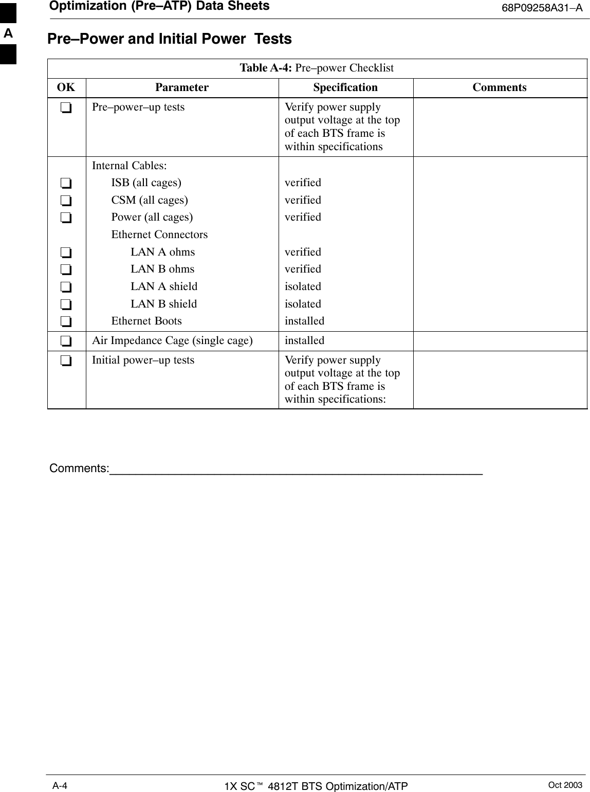 Optimization (Pre–ATP) Data Sheets 68P09258A31–AOct 20031X SCt 4812T BTS Optimization/ATPA-4Pre–Power and Initial Power  TestsTable A-4: Pre–power ChecklistOK Parameter Specification Comments−Pre–power–up tests Verify power supplyoutput voltage at the topof each BTS frame iswithin specifications−−−−−−−−Internal Cables:ISB (all cages)CSM (all cages)Power (all cages)Ethernet ConnectorsLAN A ohmsLAN B ohmsLAN A shieldLAN B shieldEthernet Bootsverifiedverifiedverifiedverifiedverifiedisolatedisolatedinstalled−Air Impedance Cage (single cage) installed−Initial power–up tests Verify power supplyoutput voltage at the topof each BTS frame iswithin specifications:Comments:_________________________________________________________A