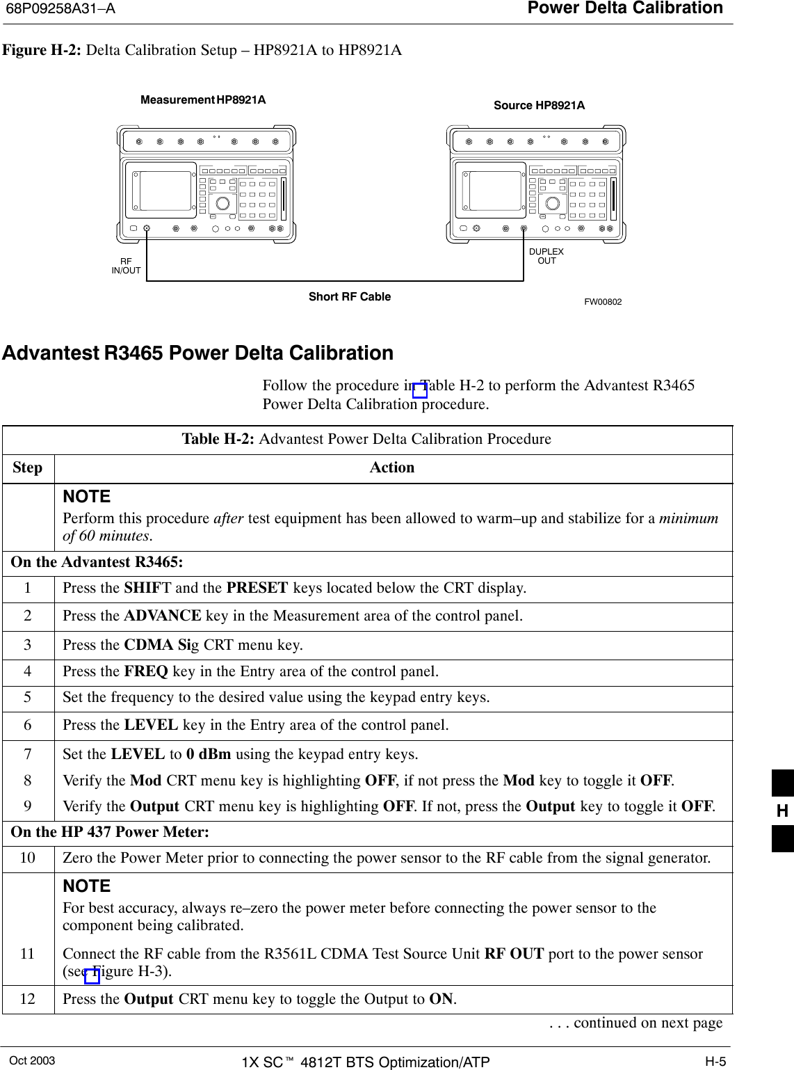 Power Delta Calibration68P09258A31–AOct 2003 1X SCt 4812T BTS Optimization/ATP H-5Figure H-2: Delta Calibration Setup – HP8921A to HP8921AMeasurement HP8921A Source HP8921AShort RF CableDUPLEXOUTRFIN/OUTFW00802Advantest R3465 Power Delta CalibrationFollow the procedure in Table H-2 to perform the Advantest R3465Power Delta Calibration procedure.Table H-2: Advantest Power Delta Calibration ProcedureStep ActionNOTEPerform this procedure after test equipment has been allowed to warm–up and stabilize for a minimumof 60 minutes.On the Advantest R3465:1Press the SHIFT and the PRESET keys located below the CRT display.2Press the ADVANCE key in the Measurement area of the control panel.3Press the CDMA Sig CRT menu key.4Press the FREQ key in the Entry area of the control panel.5Set the frequency to the desired value using the keypad entry keys.6Press the LEVEL key in the Entry area of the control panel.7Set the LEVEL to 0 dBm using the keypad entry keys.8Verify the Mod CRT menu key is highlighting OFF, if not press the Mod key to toggle it OFF.9Verify the Output CRT menu key is highlighting OFF. If not, press the Output key to toggle it OFF.On the HP 437 Power Meter:10 Zero the Power Meter prior to connecting the power sensor to the RF cable from the signal generator.NOTEFor best accuracy, always re–zero the power meter before connecting the power sensor to thecomponent being calibrated.11 Connect the RF cable from the R3561L CDMA Test Source Unit RF OUT port to the power sensor(see Figure H-3).12 Press the Output CRT menu key to toggle the Output to ON.. . . continued on next pageH