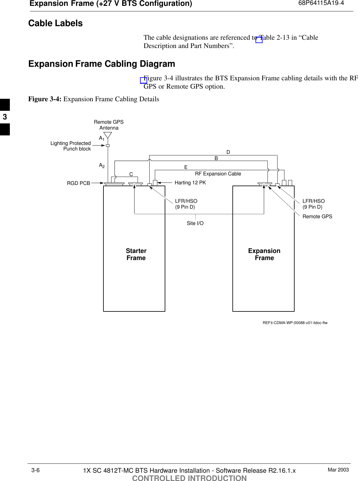 Expansion Frame (+27 V BTS Configuration) 68P64115A19–4Mar 20031X SC 4812T-MC BTS Hardware Installation - Software Release R2.16.1.xCONTROLLED INTRODUCTION3-6Cable LabelsThe cable designations are referenced to Table 2-13 in “CableDescription and Part Numbers”.Expansion Frame Cabling DiagramFigure 3-4 illustrates the BTS Expansion Frame cabling details with the RFGPS or Remote GPS option.Figure 3-4: Expansion Frame Cabling DetailsLFR/HSO(9 Pin D)Site I/OHarting 12 PKRF Expansion CableRGD PCBRemote GPSAntennaStarterFrame ExpansionFrameLFR/HSO(9 Pin D)DBECA2A1Lighting ProtectedPunch blockti-CDMA-WP-00088-v01-ildoc-ftwRemote GPSREF3