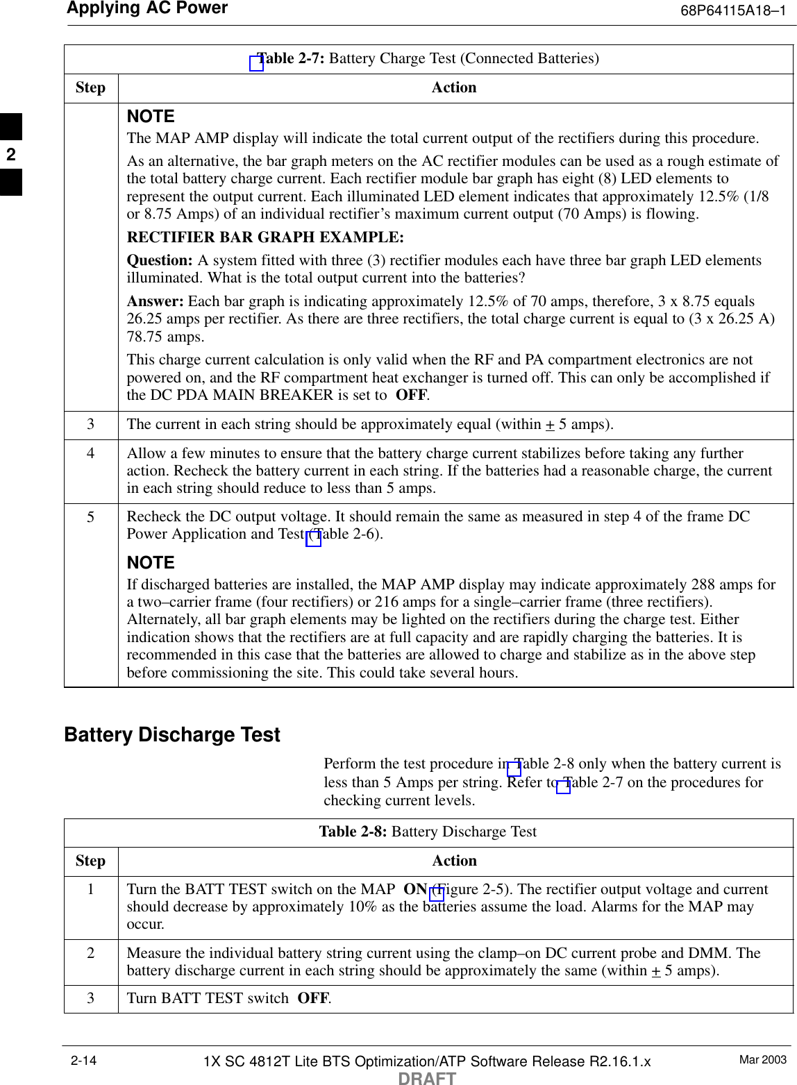 Applying AC Power 68P64115A18–1Mar 20031X SC 4812T Lite BTS Optimization/ATP Software Release R2.16.1.xDRAFT2-14Table 2-7: Battery Charge Test (Connected Batteries)Step ActionNOTEThe MAP AMP display will indicate the total current output of the rectifiers during this procedure.As an alternative, the bar graph meters on the AC rectifier modules can be used as a rough estimate ofthe total battery charge current. Each rectifier module bar graph has eight (8) LED elements torepresent the output current. Each illuminated LED element indicates that approximately 12.5% (1/8or 8.75 Amps) of an individual rectifier’s maximum current output (70 Amps) is flowing.RECTIFIER BAR GRAPH EXAMPLE:Question: A system fitted with three (3) rectifier modules each have three bar graph LED elementsilluminated. What is the total output current into the batteries?Answer: Each bar graph is indicating approximately 12.5% of 70 amps, therefore, 3 x 8.75 equals26.25 amps per rectifier. As there are three rectifiers, the total charge current is equal to (3 x 26.25 A)78.75 amps.This charge current calculation is only valid when the RF and PA compartment electronics are notpowered on, and the RF compartment heat exchanger is turned off. This can only be accomplished ifthe DC PDA MAIN BREAKER is set to  OFF.3The current in each string should be approximately equal (within + 5 amps).4Allow a few minutes to ensure that the battery charge current stabilizes before taking any furtheraction. Recheck the battery current in each string. If the batteries had a reasonable charge, the currentin each string should reduce to less than 5 amps.5Recheck the DC output voltage. It should remain the same as measured in step 4 of the frame DCPower Application and Test (Table 2-6).NOTEIf discharged batteries are installed, the MAP AMP display may indicate approximately 288 amps fora two–carrier frame (four rectifiers) or 216 amps for a single–carrier frame (three rectifiers).Alternately, all bar graph elements may be lighted on the rectifiers during the charge test. Eitherindication shows that the rectifiers are at full capacity and are rapidly charging the batteries. It isrecommended in this case that the batteries are allowed to charge and stabilize as in the above stepbefore commissioning the site. This could take several hours. Battery Discharge TestPerform the test procedure in Table 2-8 only when the battery current isless than 5 Amps per string. Refer to Table 2-7 on the procedures forchecking current levels.Table 2-8: Battery Discharge TestStep Action1Turn the BATT TEST switch on the MAP  ON (Figure 2-5). The rectifier output voltage and currentshould decrease by approximately 10% as the batteries assume the load. Alarms for the MAP mayoccur.2Measure the individual battery string current using the clamp–on DC current probe and DMM. Thebattery discharge current in each string should be approximately the same (within + 5 amps).3Turn BATT TEST switch  OFF. 2