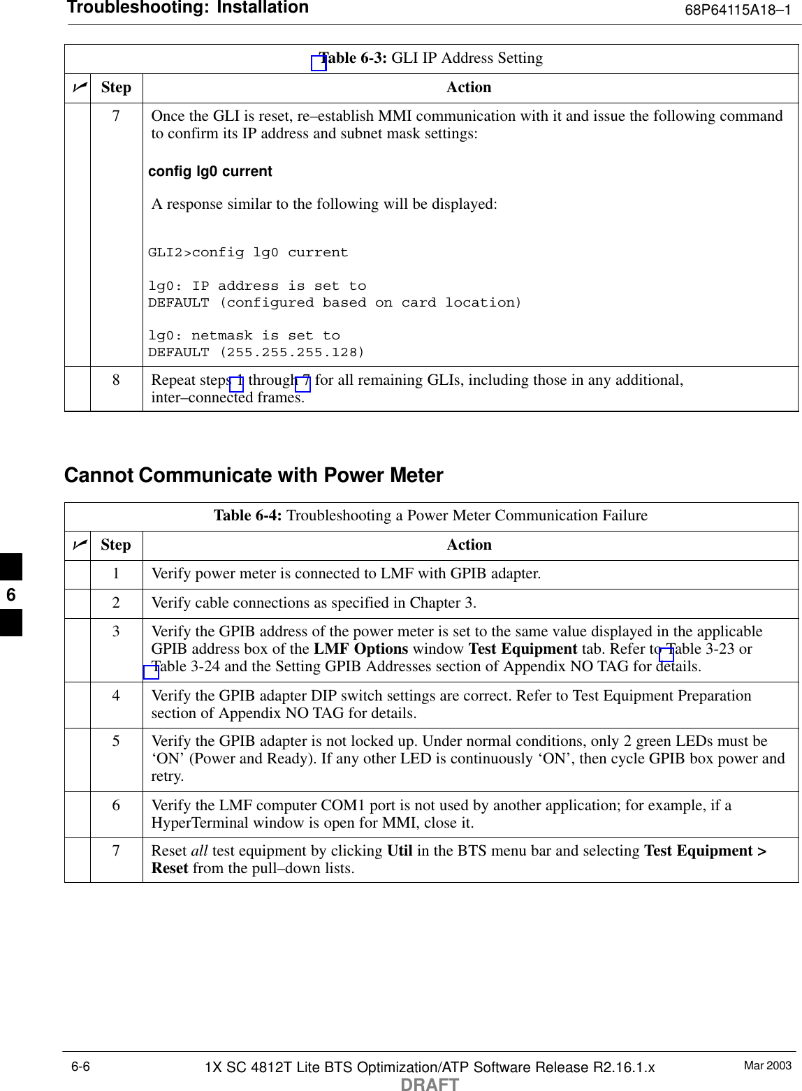 Troubleshooting: Installation 68P64115A18–1Mar 20031X SC 4812T Lite BTS Optimization/ATP Software Release R2.16.1.xDRAFT6-6Table 6-3: GLI IP Address SettingnActionStep7Once the GLI is reset, re–establish MMI communication with it and issue the following commandto confirm its IP address and subnet mask settings:config lg0 currentA response similar to the following will be displayed:GLI2&gt;config lg0 currentlg0: IP address is set to DEFAULT (configured based on card location)lg0: netmask is set to DEFAULT (255.255.255.128)8Repeat steps 1 through 7 for all remaining GLIs, including those in any additional,inter–connected frames. Cannot Communicate with Power MeterTable 6-4: Troubleshooting a Power Meter Communication FailurenStep Action1Verify power meter is connected to LMF with GPIB adapter.2Verify cable connections as specified in Chapter 3.3Verify the GPIB address of the power meter is set to the same value displayed in the applicableGPIB address box of the LMF Options window Test Equipment tab. Refer to Table 3-23 orTable 3-24 and the Setting GPIB Addresses section of Appendix NO TAG for details.4Verify the GPIB adapter DIP switch settings are correct. Refer to Test Equipment Preparationsection of Appendix NO TAG for details.5Verify the GPIB adapter is not locked up. Under normal conditions, only 2 green LEDs must be‘ON’ (Power and Ready). If any other LED is continuously ‘ON’, then cycle GPIB box power andretry.6Verify the LMF computer COM1 port is not used by another application; for example, if aHyperTerminal window is open for MMI, close it.7 Reset all test equipment by clicking Util in the BTS menu bar and selecting Test Equipment &gt;Reset from the pull–down lists. 6