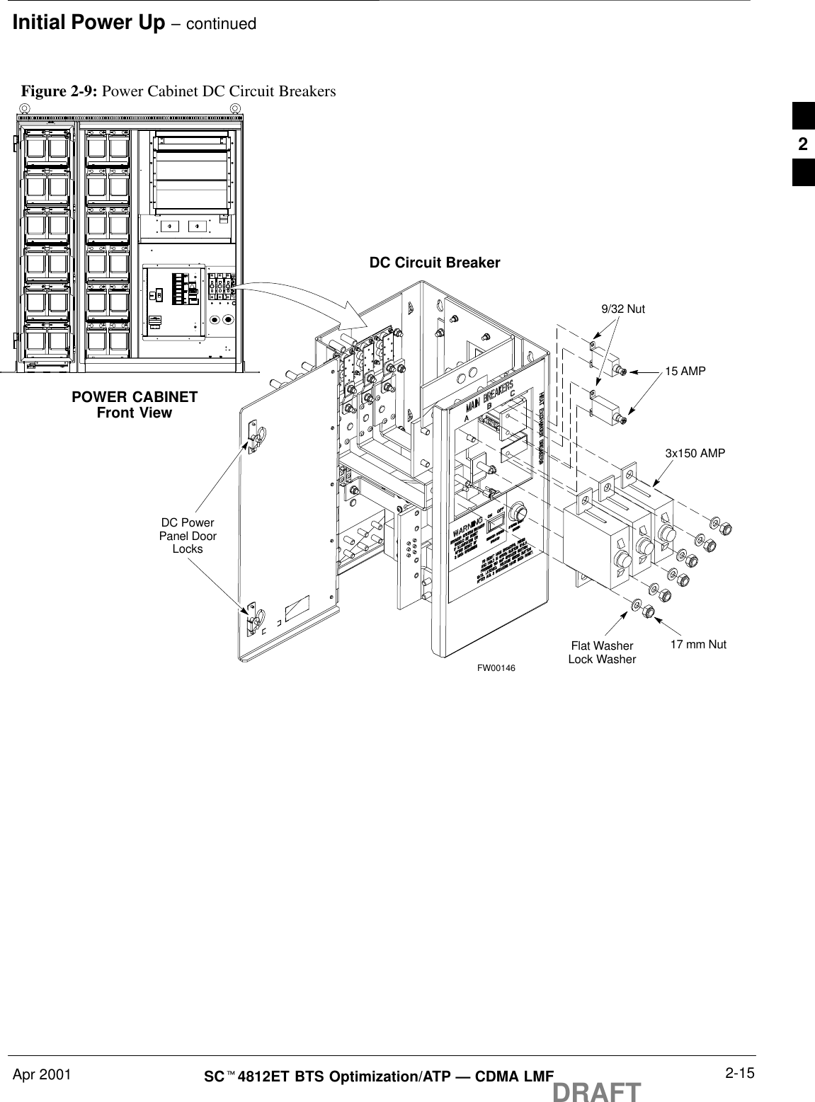 Initial Power Up – continuedApr 2001 2-15SCt4812ET BTS Optimization/ATP — CDMA LMFDRAFTFigure 2-9: Power Cabinet DC Circuit BreakersPOWER CABINETFront ViewDC Circuit BreakerFW0014615 AMP3x150 AMPFlat WasherLock Washer 17 mm NutDC PowerPanel DoorLocks9/32 Nut2